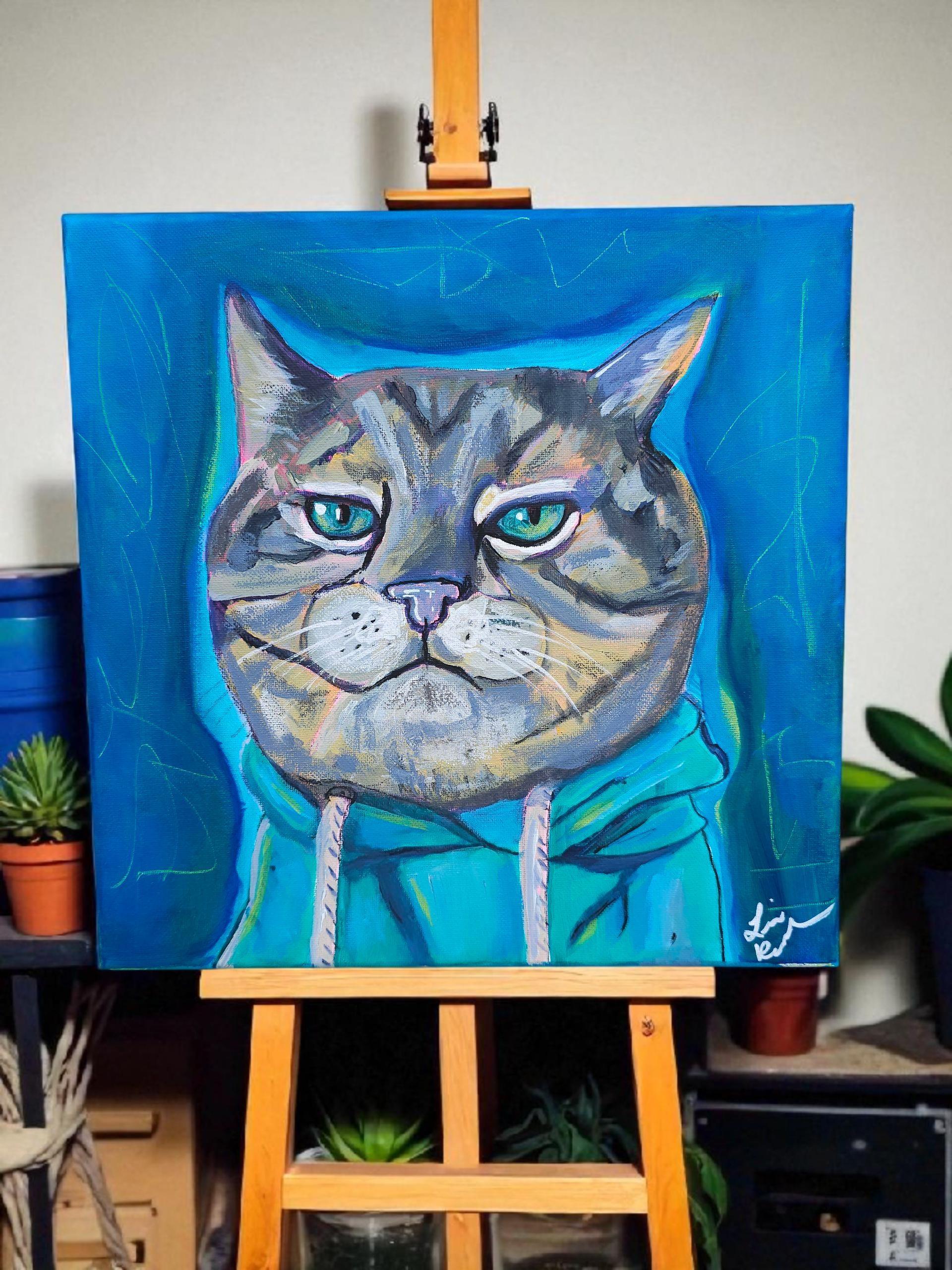 Original Grumpy Cat Painting: Whimsical Acrylic Pop Art