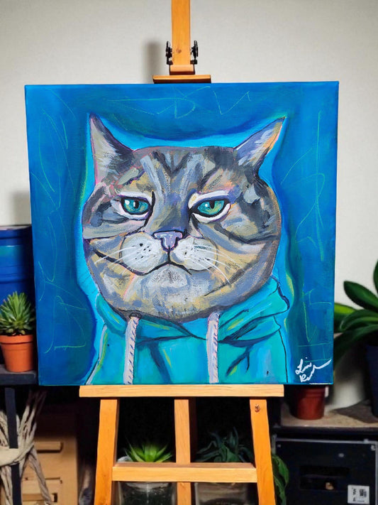 Hoodie Cat Painting: Original Acrylic Art, Whimsical Feline Portrait