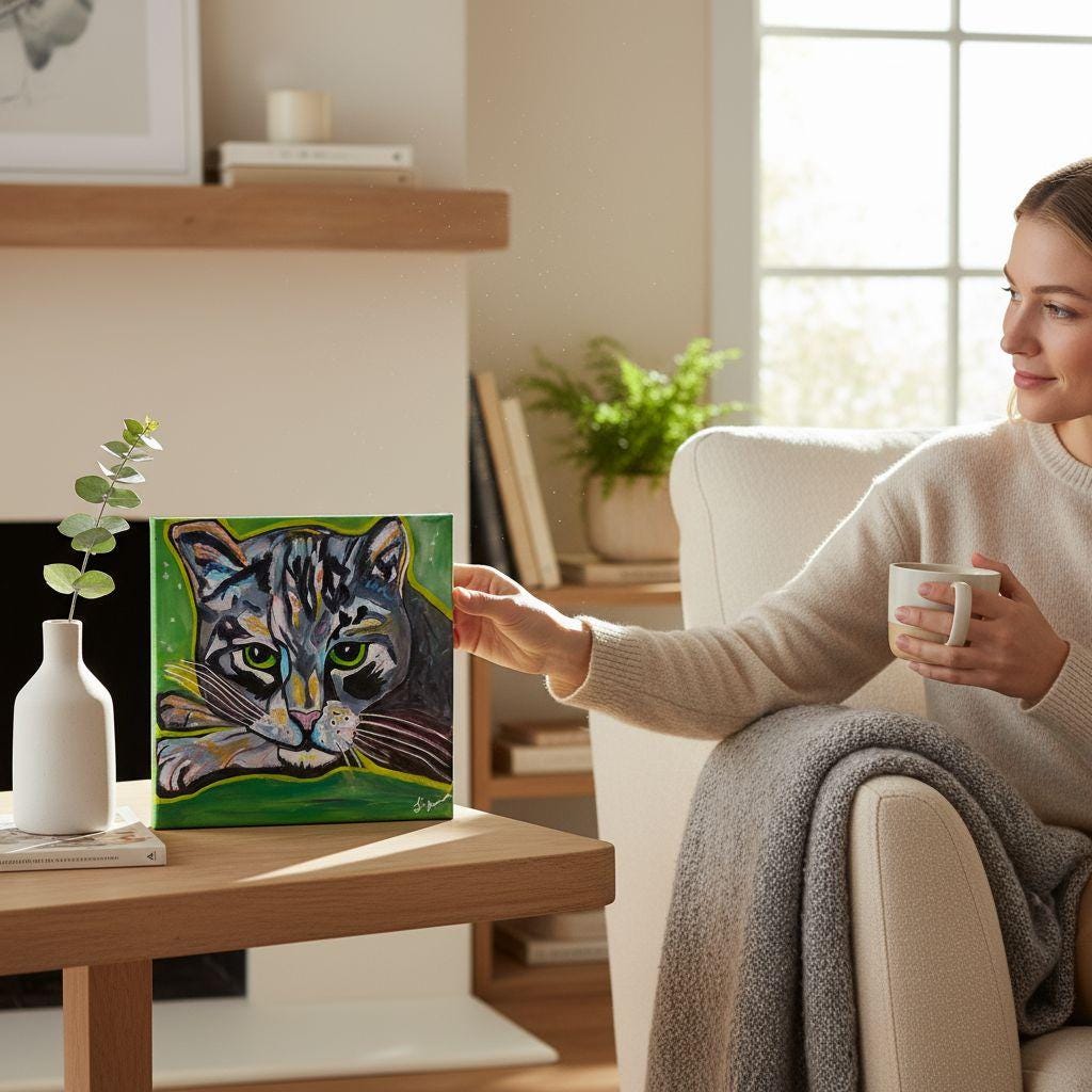 Unbothered Cat Painting: Original Acrylic Whimsical Pop Art, 12x12 Canvas