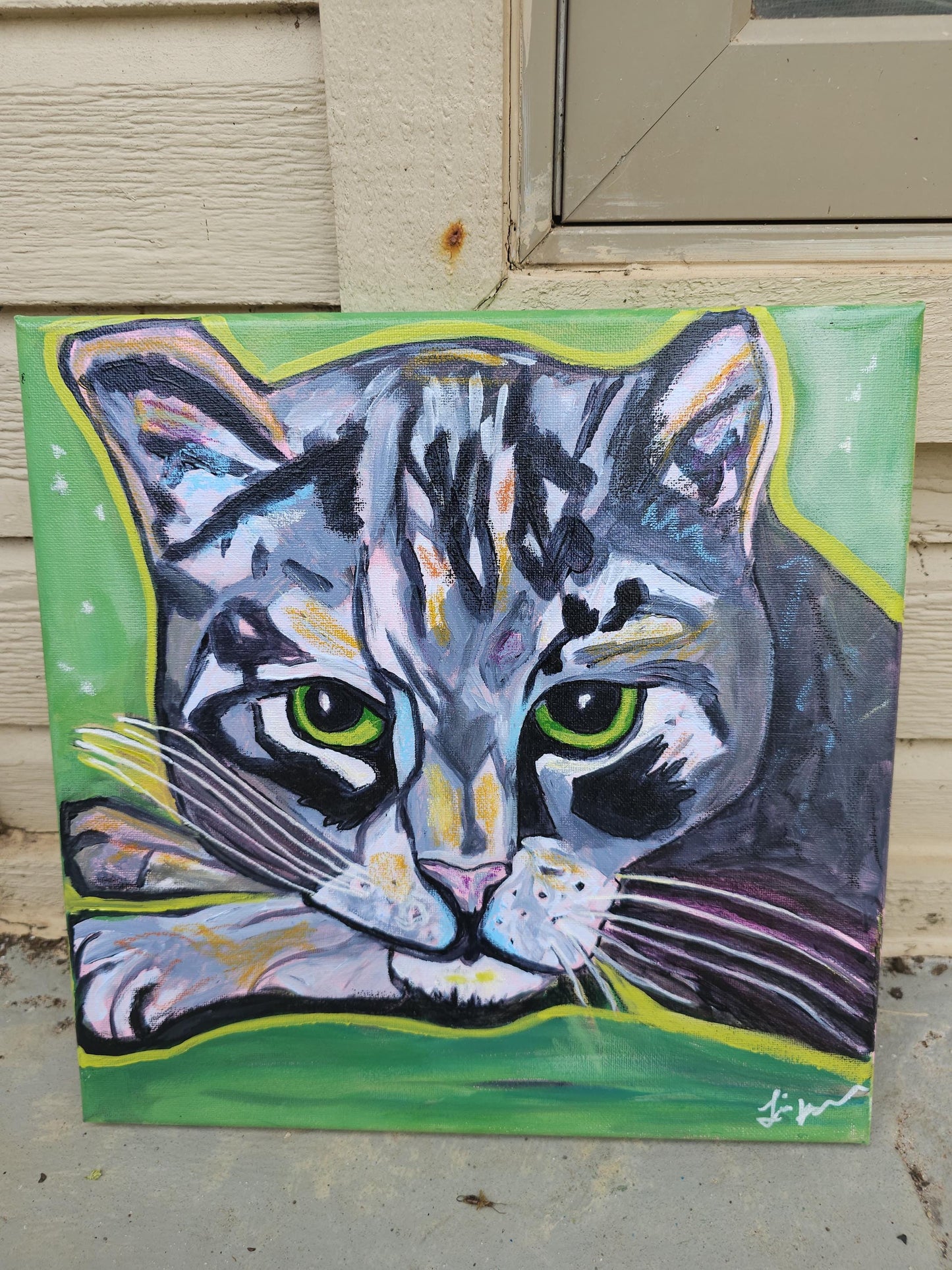 Unbothered Cat Painting: Original Acrylic Whimsical Pop Art, 12x12 Canvas