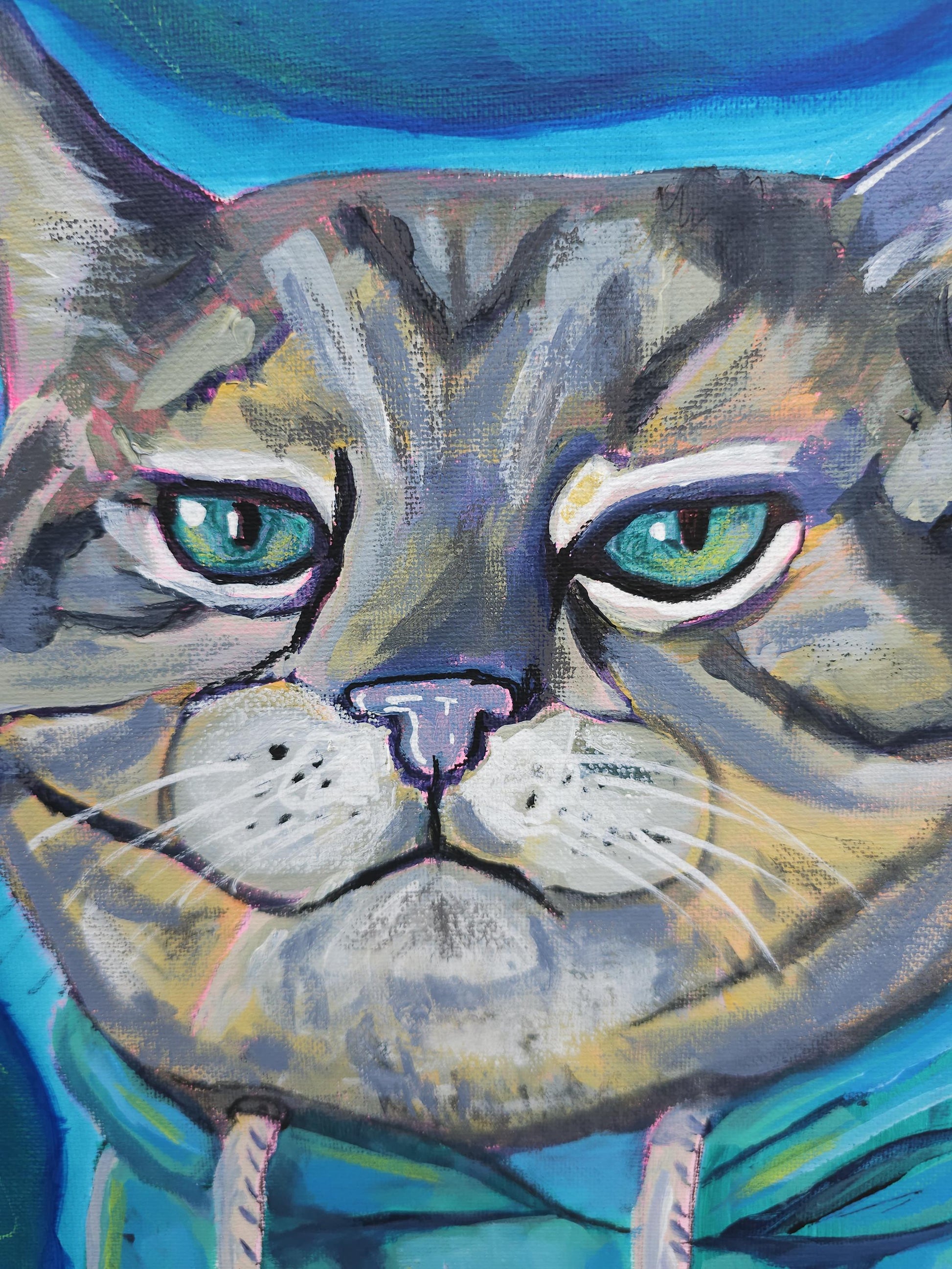 Hoodie Cat Painting: Original Acrylic Art, Whimsical Feline Portrait