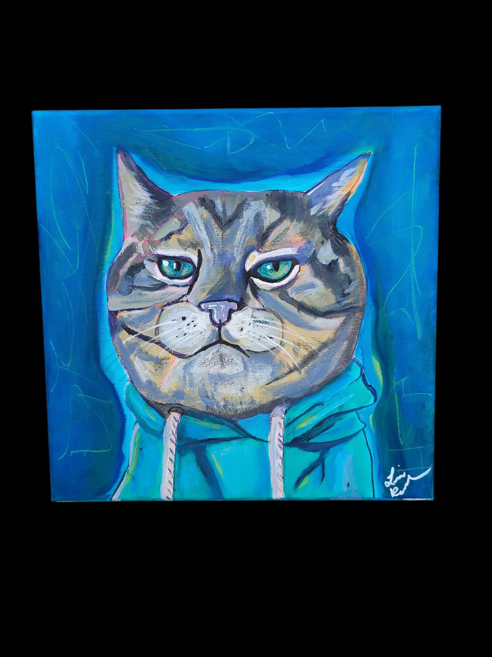 Hoodie Cat Painting: Original Acrylic Art, Whimsical Feline Portrait
