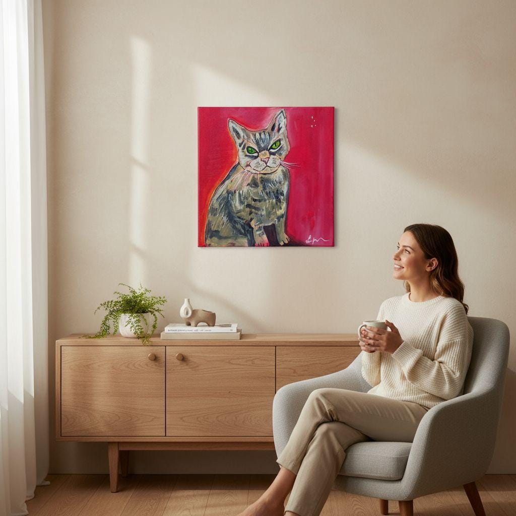 Original Grumpy Cat Painting: Whimsical Acrylic Pop Art