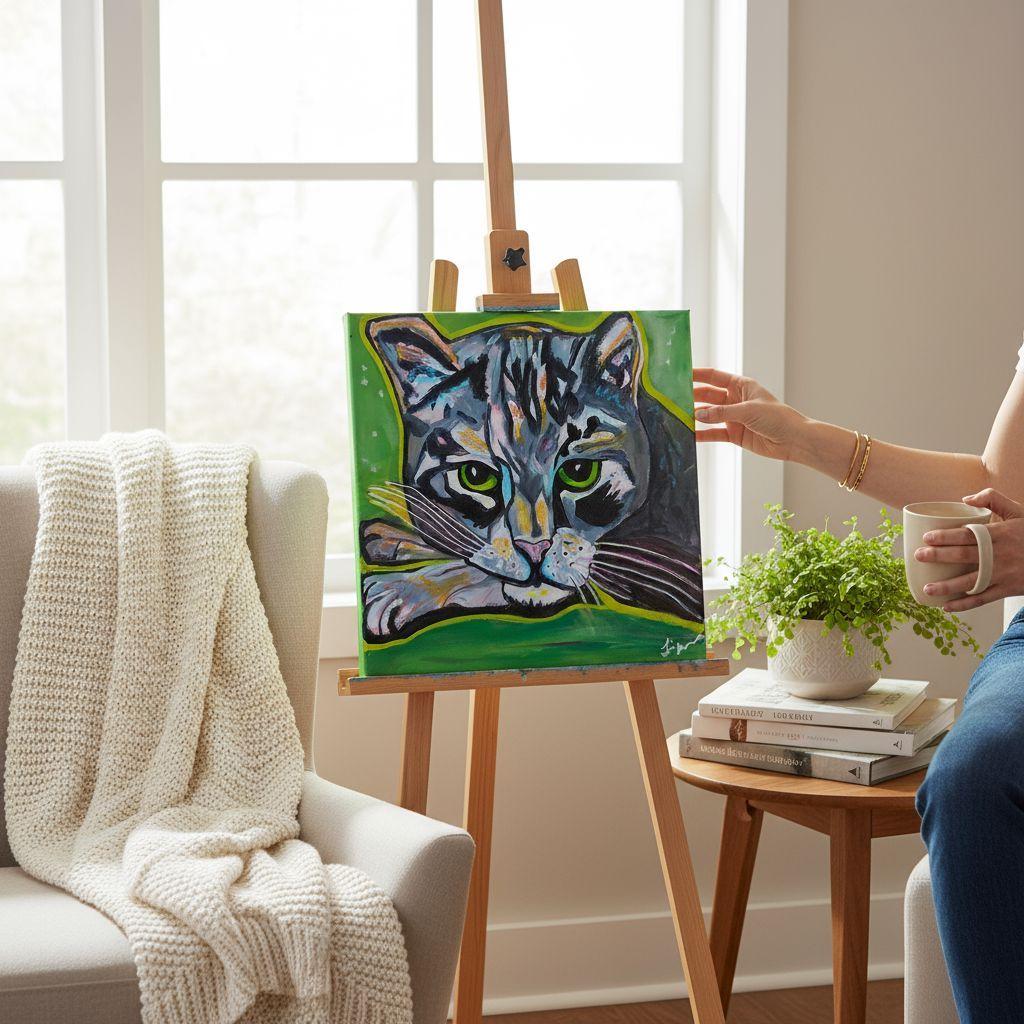 Unbothered Cat Painting: Original Acrylic Whimsical Pop Art, 12x12 Canvas