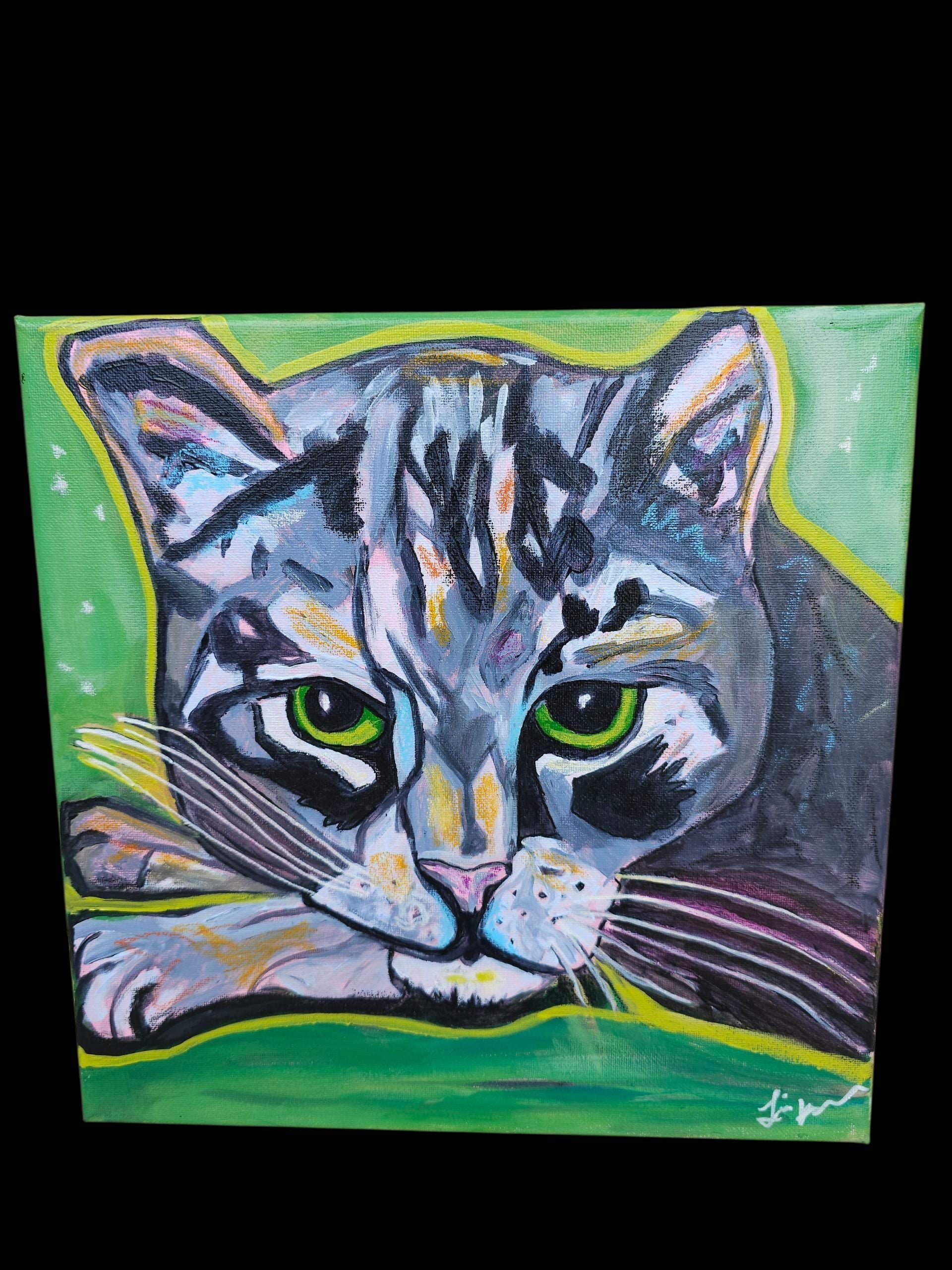 Unbothered Cat Painting: Original Acrylic Whimsical Pop Art, 12x12 Canvas