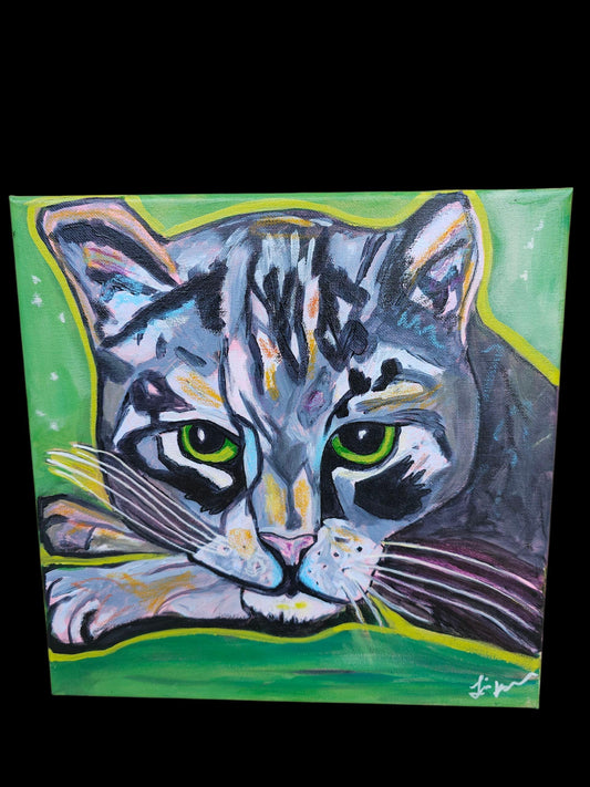 Unbothered Cat Painting: Original Acrylic Whimsical Pop Art, 12x12 Canvas