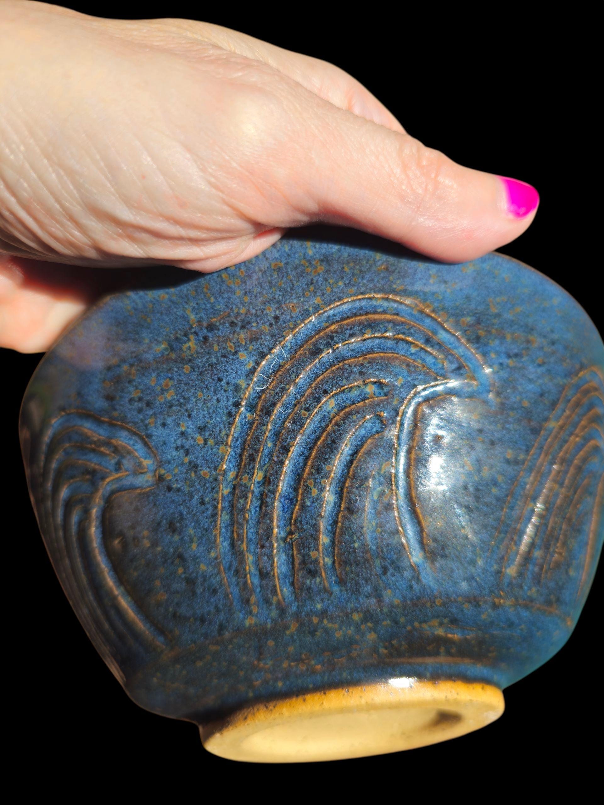 Handmade Blue Wave Ceramic Bowl: Carved Stoneware, Multicolor Glaze Interior, Art Pottery Gift