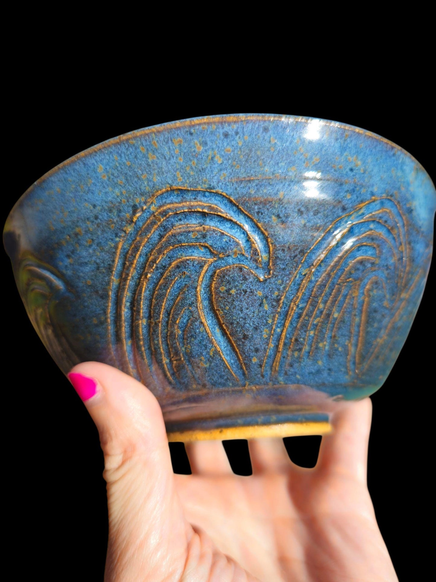 Handmade Blue Wave Ceramic Bowl: Carved Stoneware, Multicolor Glaze Interior, Art Pottery Gift