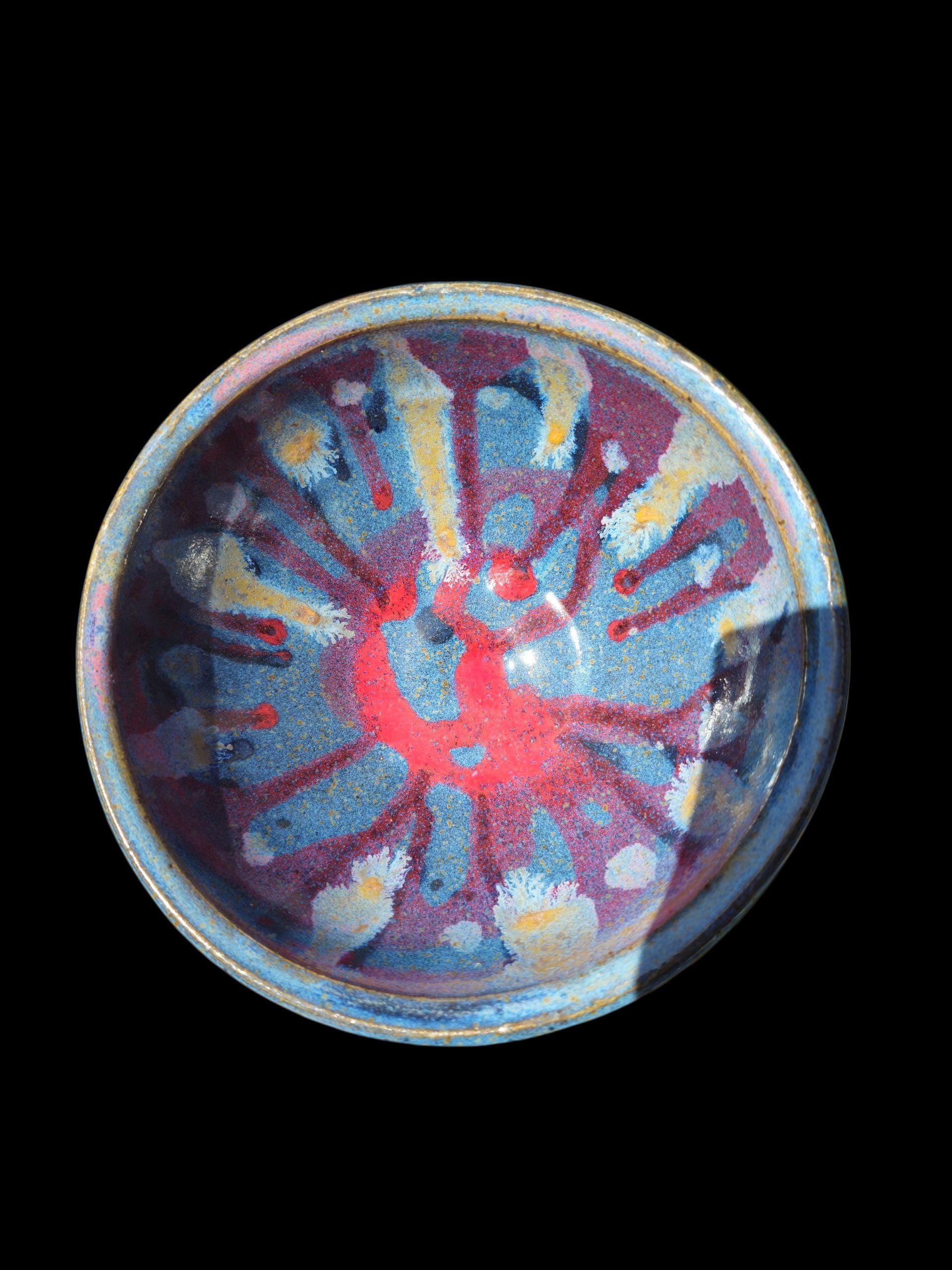 Handmade Blue Wave Ceramic Bowl: Carved Stoneware, Multicolor Glaze Interior, Art Pottery Gift