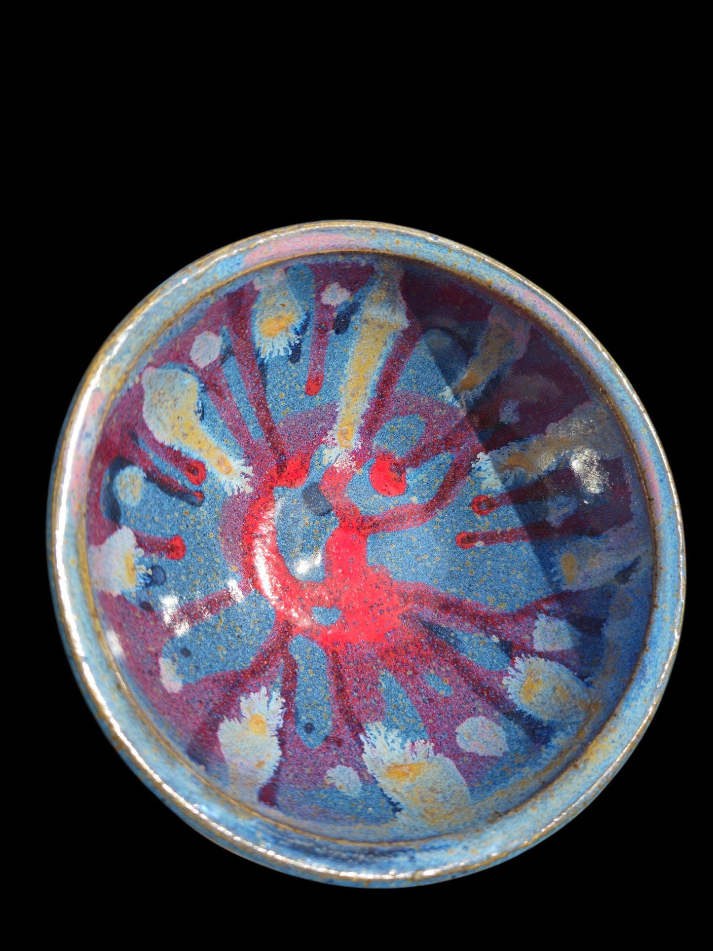 Handmade Blue Wave Ceramic Bowl: Carved Stoneware, Multicolor Glaze Interior, Art Pottery Gift