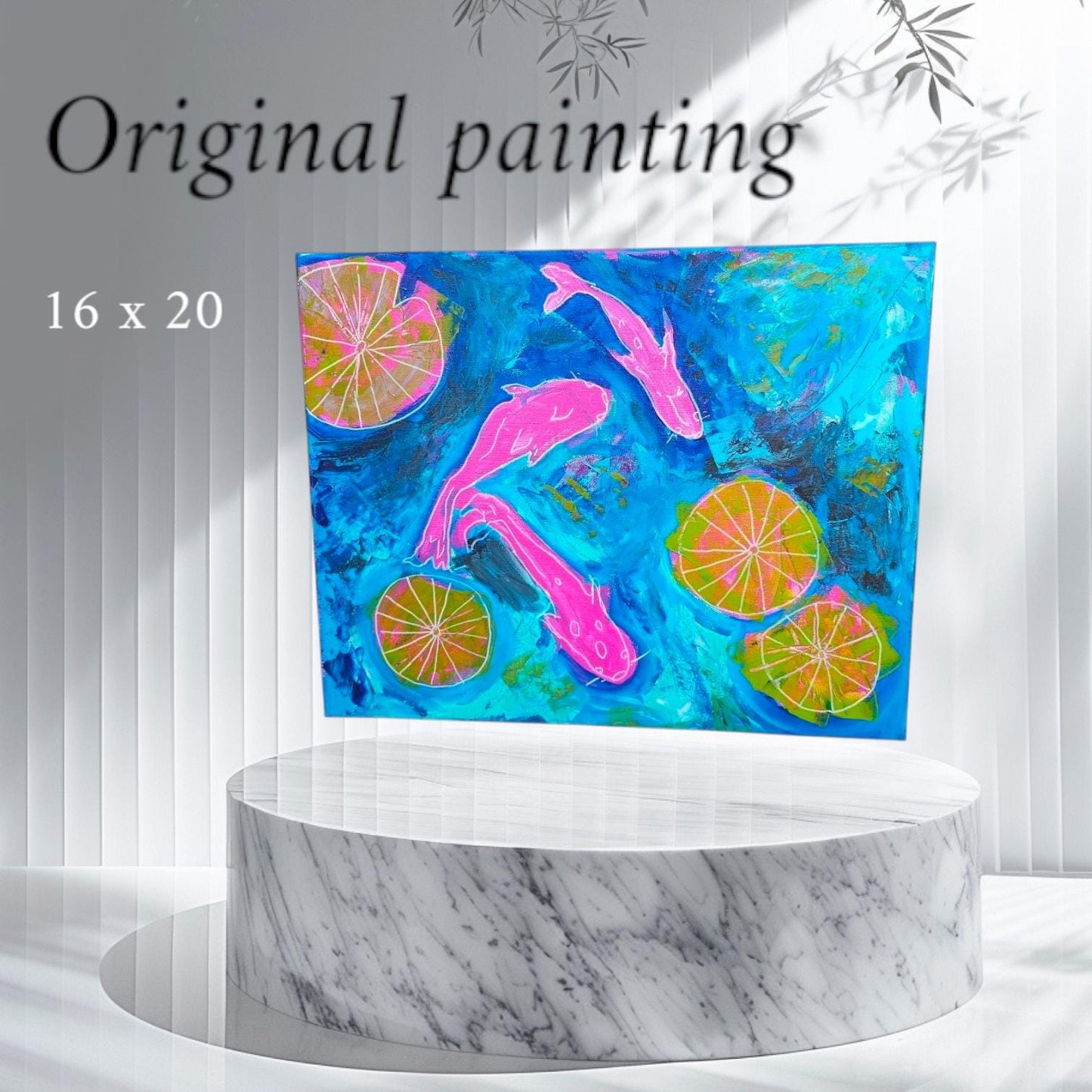 Koi Fish Abstract Painting: Modern Pink Green Canvas Wall Art