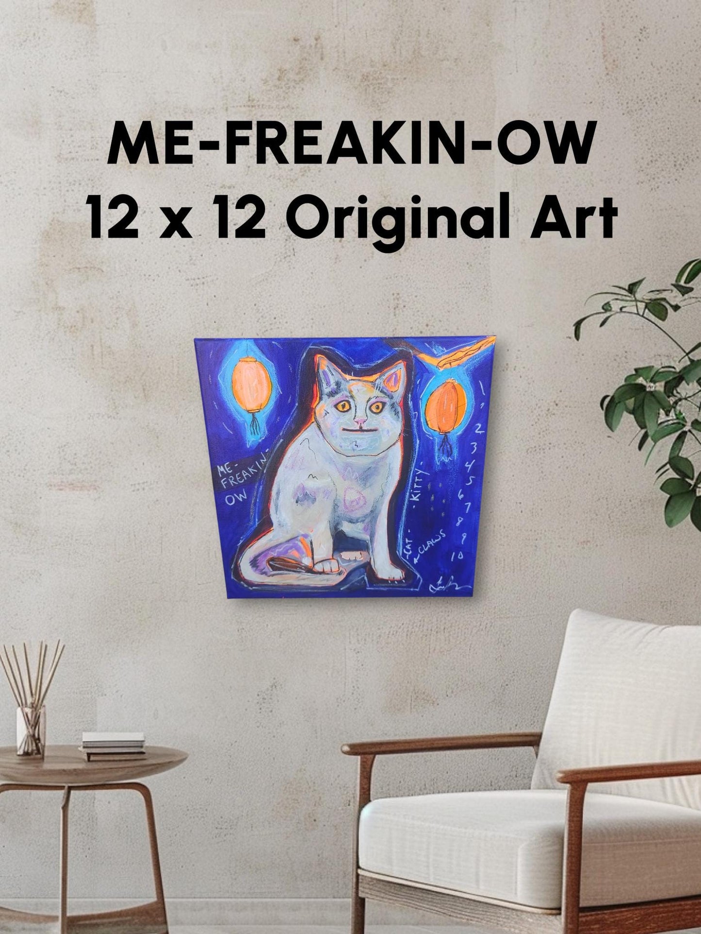 Meme Cat Painting: Whimsical Acrylic Art with Lanterns (12x12)