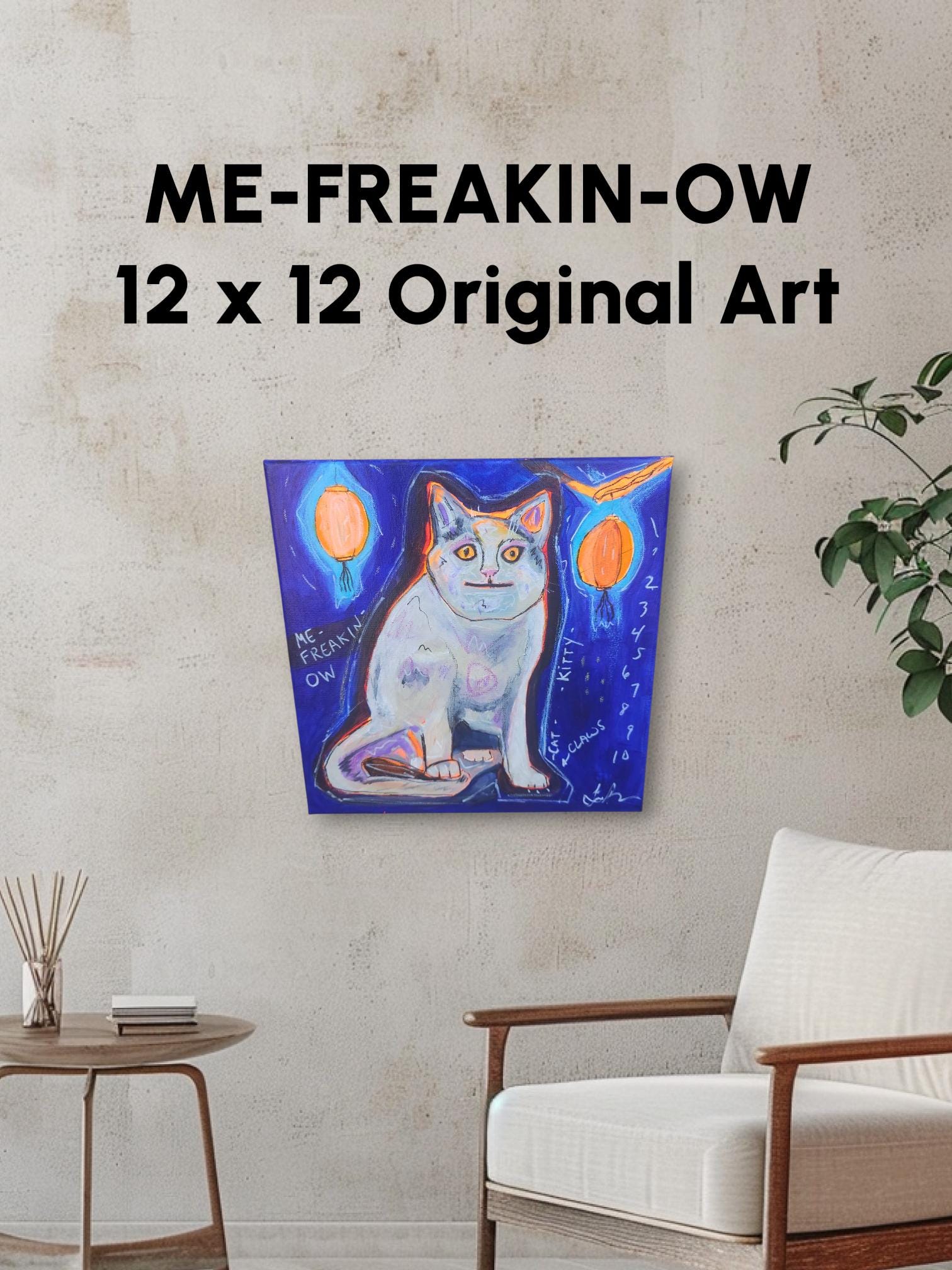 Meme Cat Painting: Whimsical Acrylic Art with Lanterns (12x12)