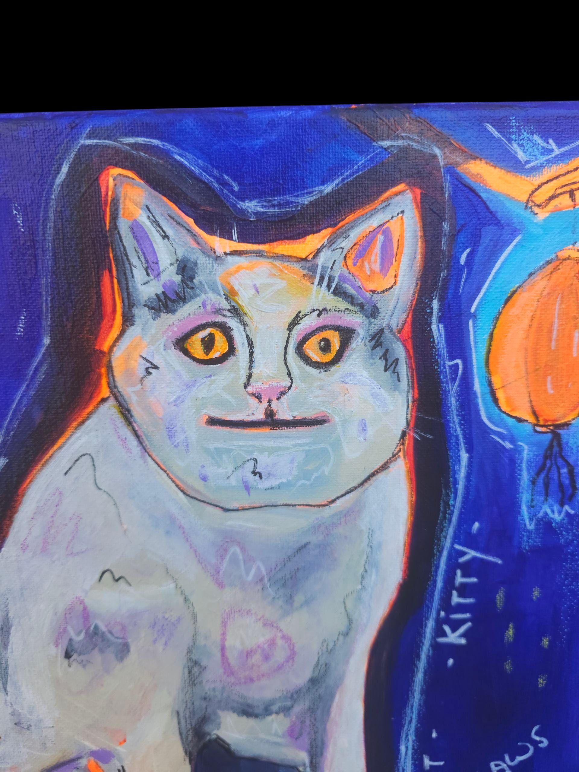 Meme Cat Painting: Whimsical Acrylic Art with Lanterns (12x12)