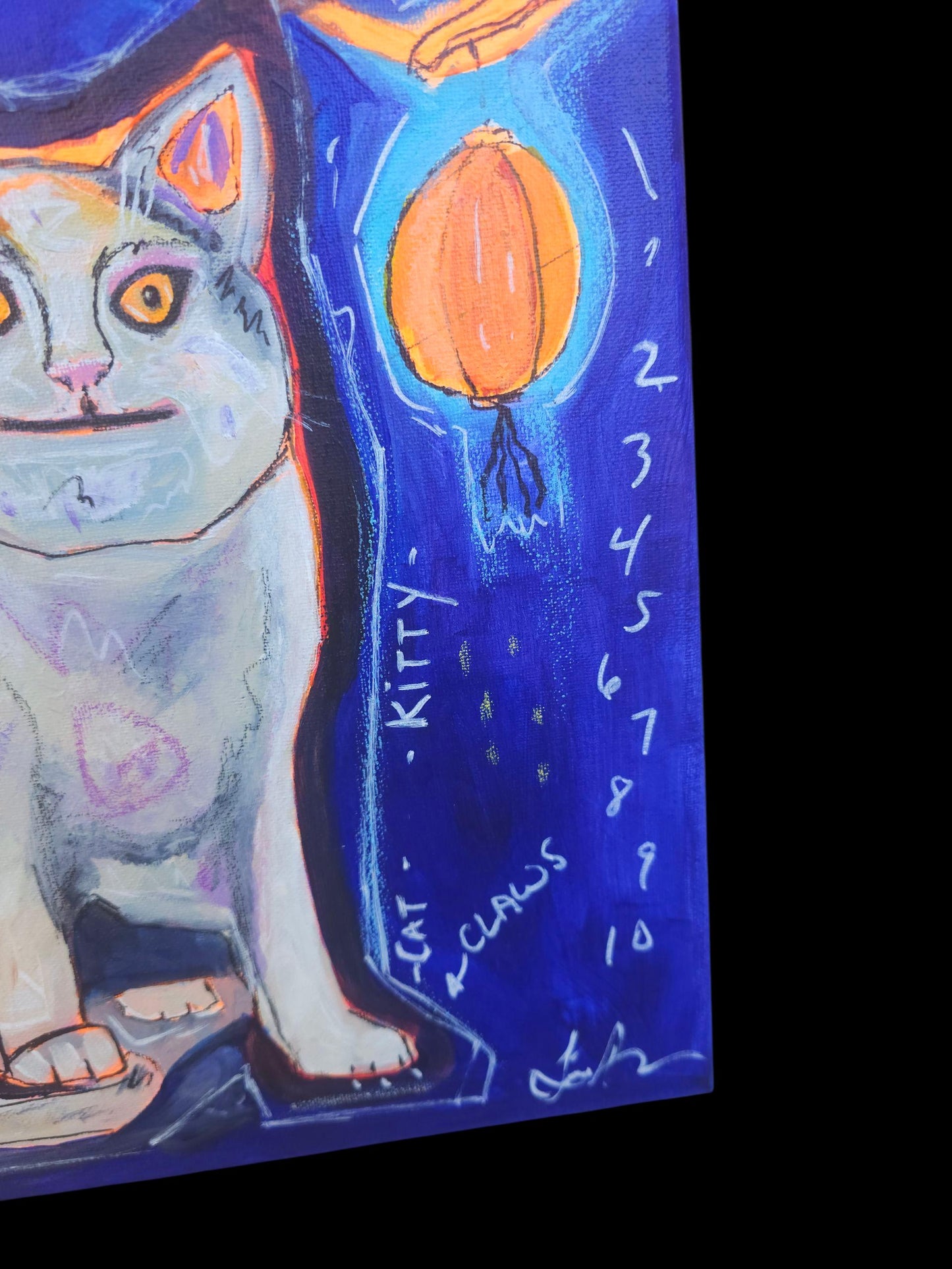 Meme Cat Painting: Whimsical Acrylic Art with Lanterns (12x12)
