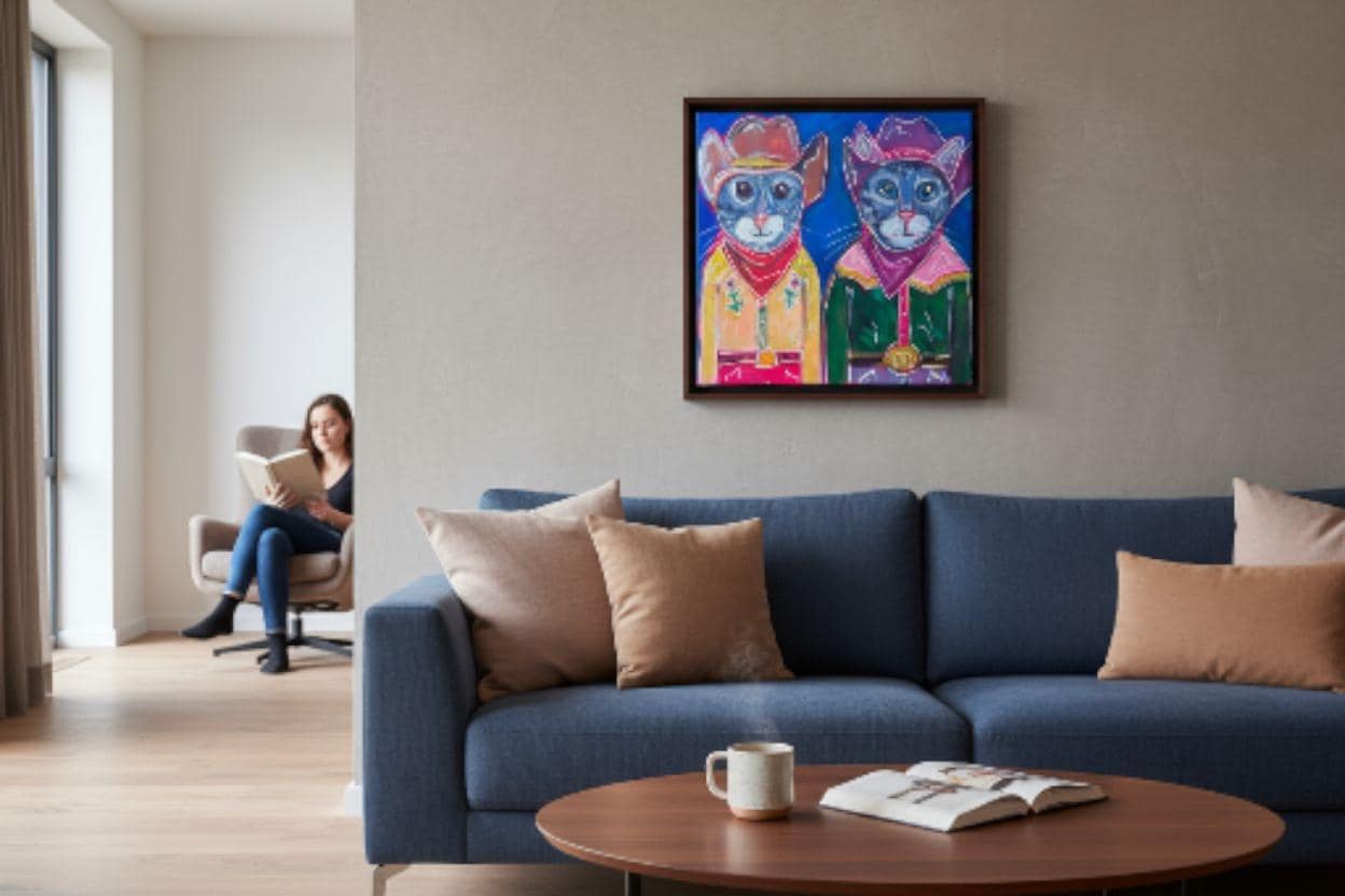 Cowboy Cat Painting: Whimsical Acrylic Art, 12x12 Original Canvas Meowdy couple bold colors