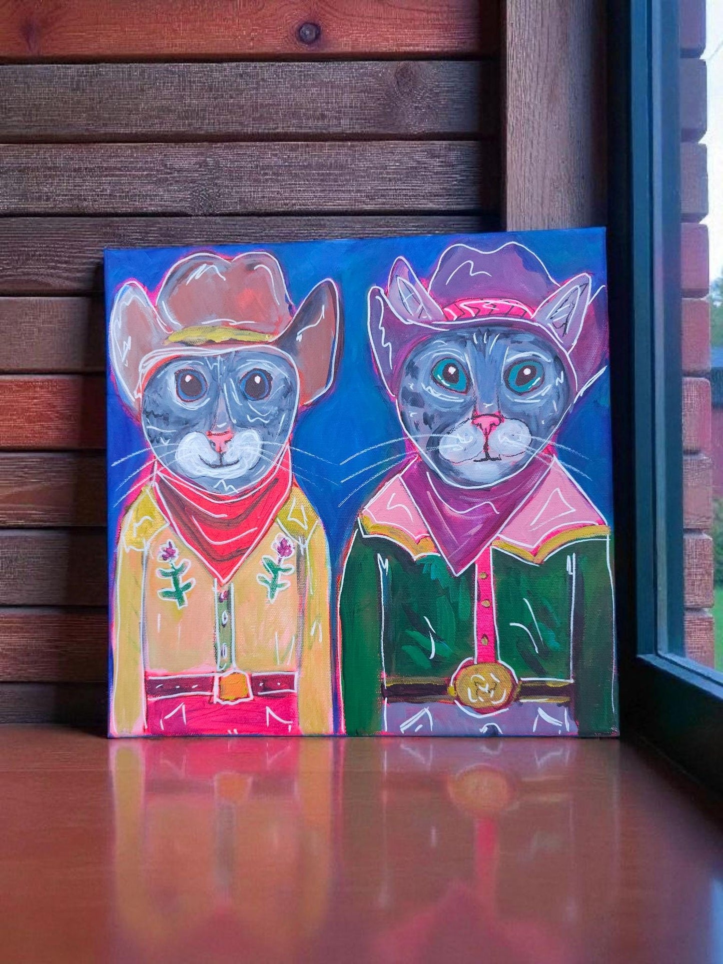 Cowboy Cat Painting: Whimsical Acrylic Art, 12x12 Original Canvas Meowdy couple bold colors