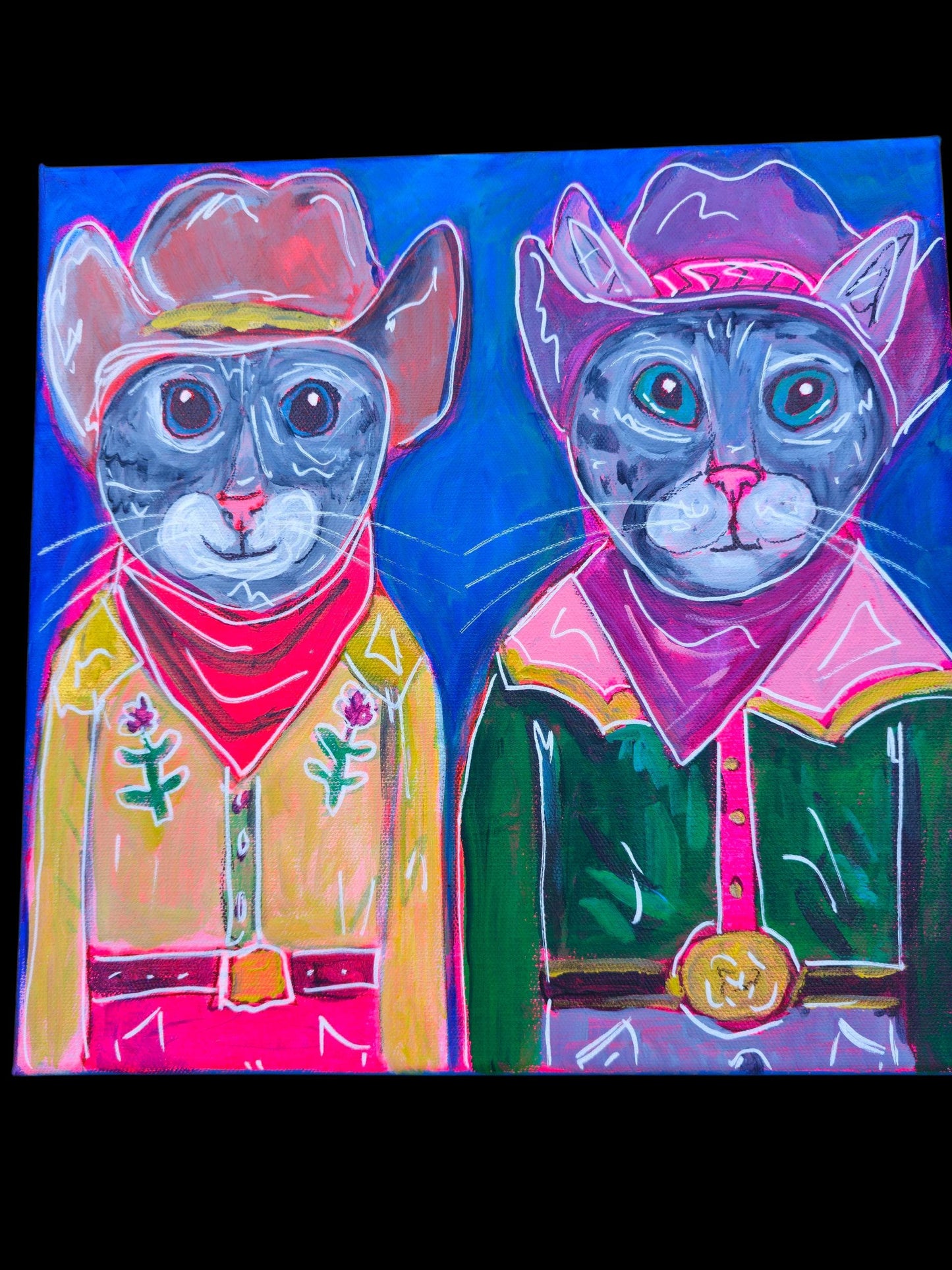 Cowboy Cat Painting: Whimsical Acrylic Art, 12x12 Original Canvas Meowdy couple bold colors