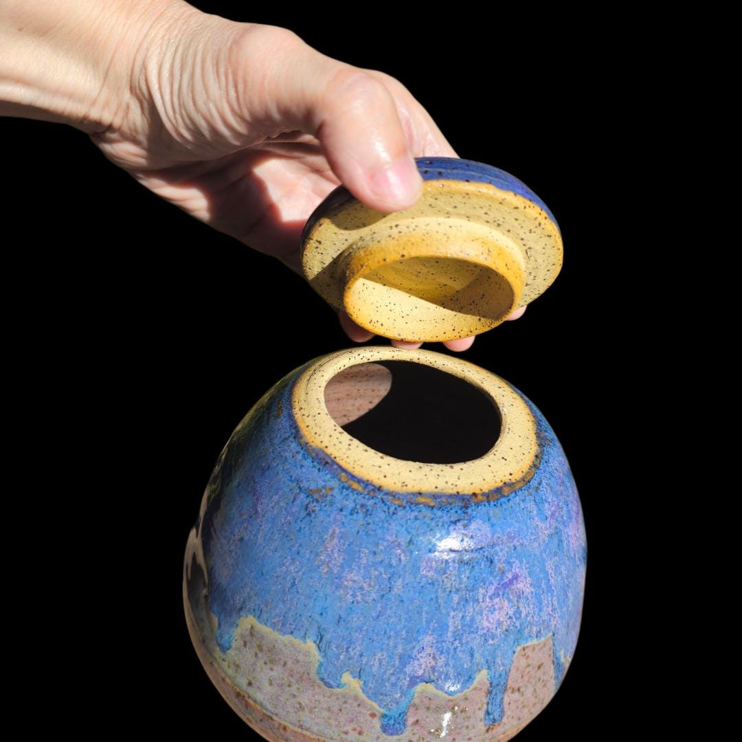 Handmade Ceramic Lidded Jar: Purple Glaze, Speckled Clay Stoneware, Signed Art Pottery (7" x 6")