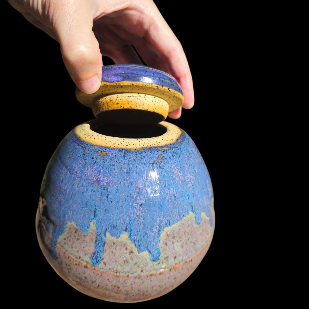 Handmade Ceramic Lidded Jar: Purple Glaze, Speckled Clay Stoneware, Signed Art Pottery (7" x 6")