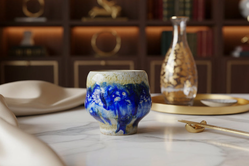 Handmade Soda Fired Shino Cup: Guinomi sake shino Ceramic Pottery Cobalt porcelain slip