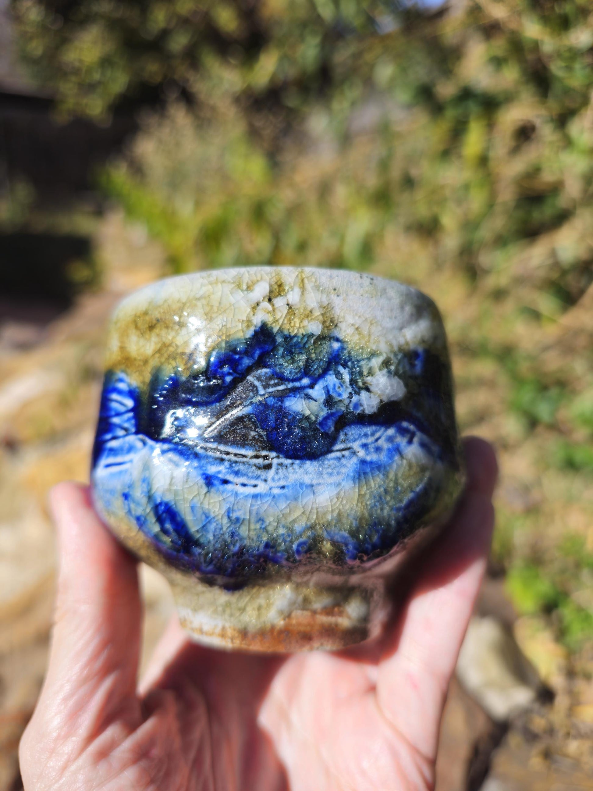 Handmade Soda Fired Shino Cup: Guinomi sake shino Ceramic Pottery Cobalt porcelain slip