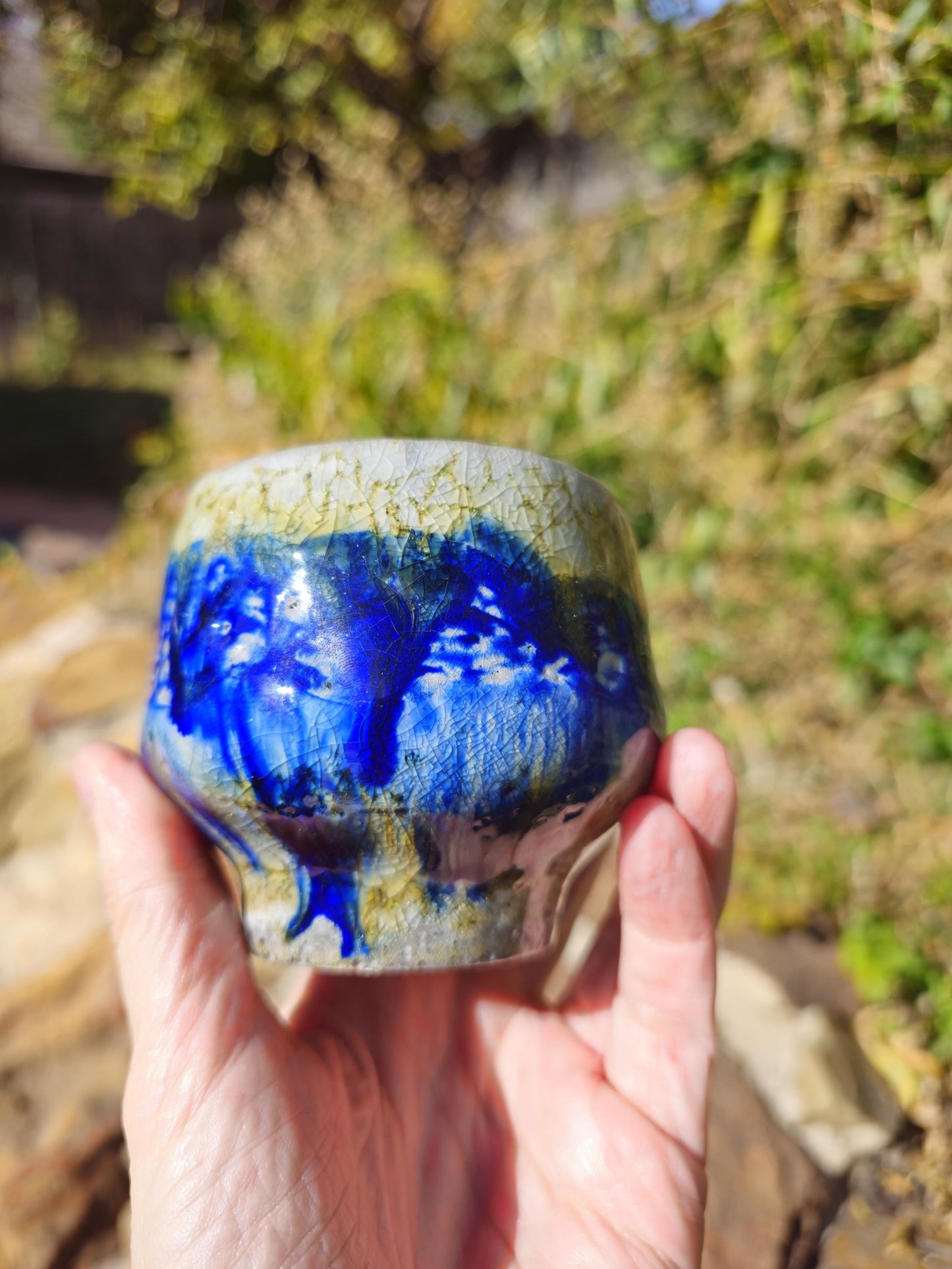 Handmade Soda Fired Shino Cup: Guinomi sake shino Ceramic Pottery Cobalt porcelain slip