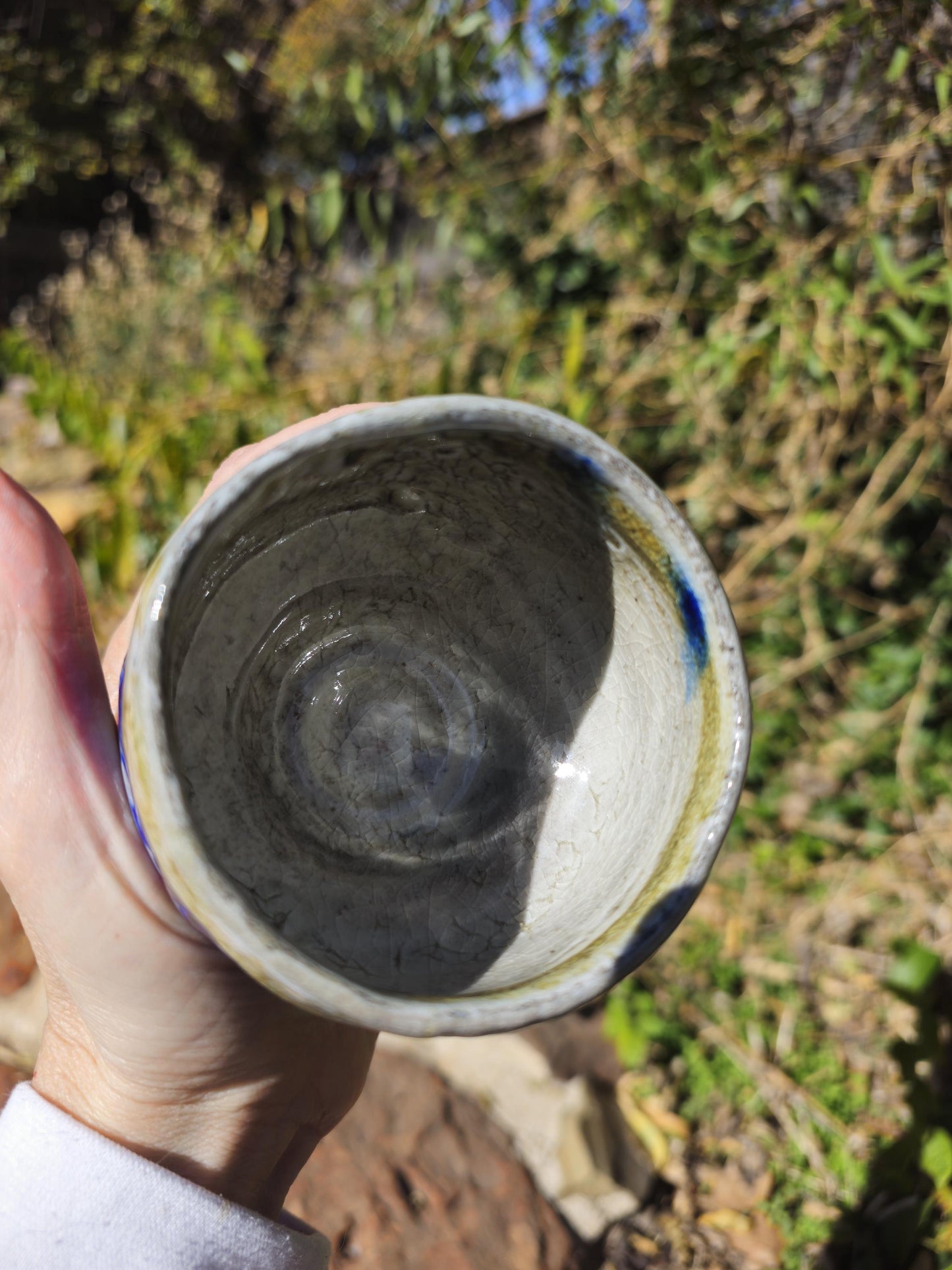Handmade Soda Fired Shino Cup: Guinomi sake shino Ceramic Pottery Cobalt porcelain slip