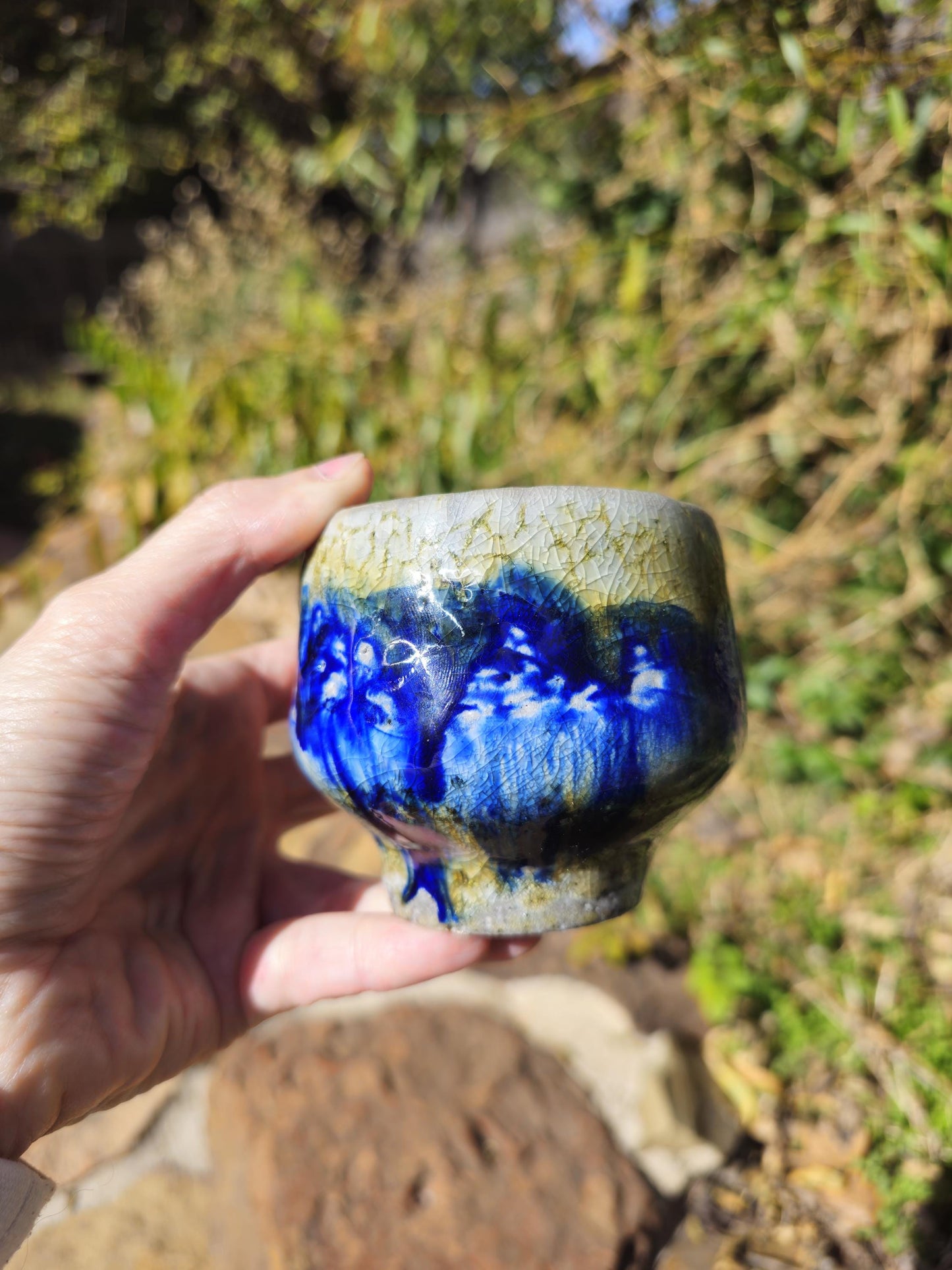 Handmade Soda Fired Shino Cup: Guinomi sake shino Ceramic Pottery Cobalt porcelain slip