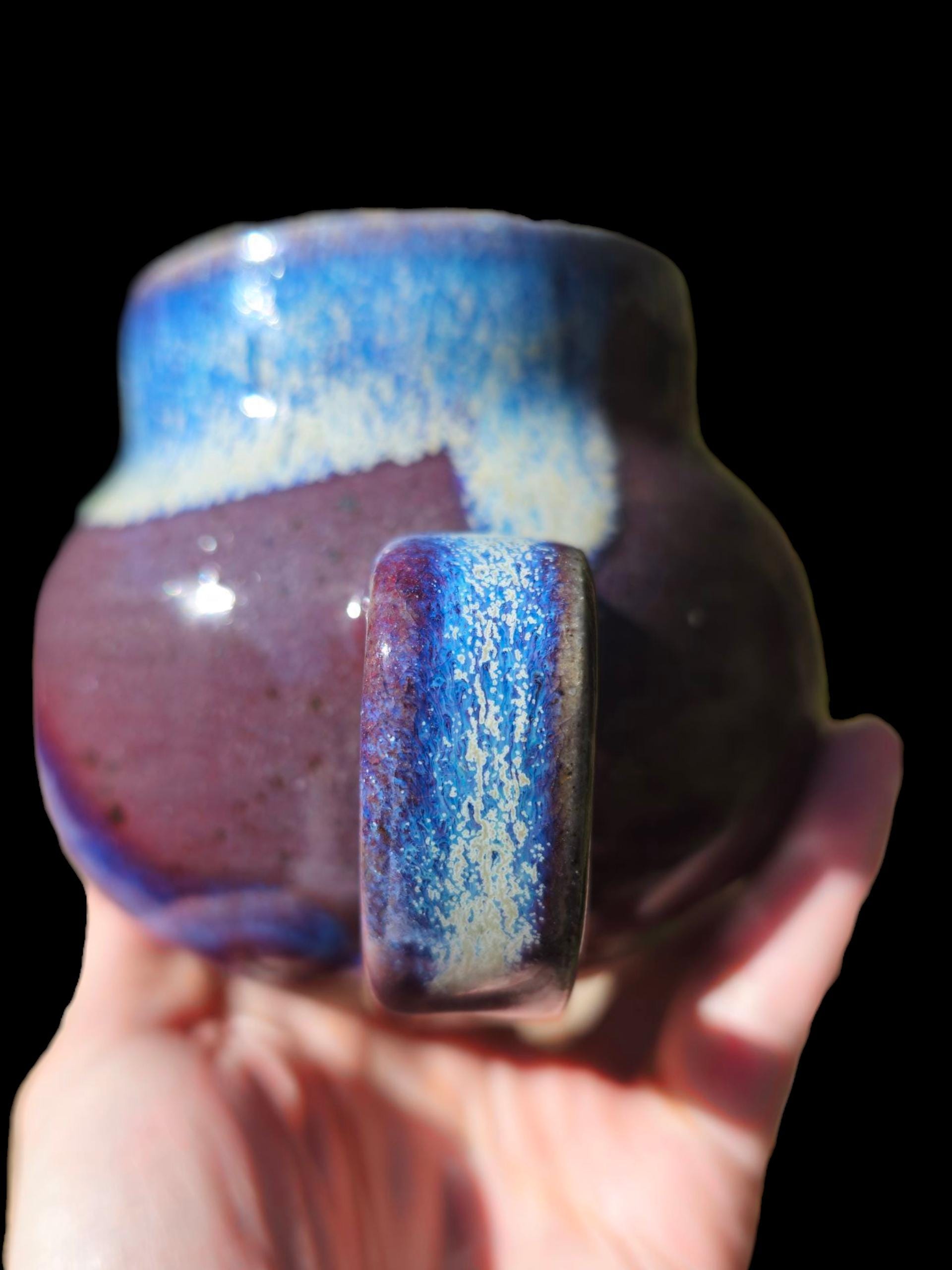 Handmade Gecko Mug: Purple rainbow fade Titanium Pottery, 8 oz ceramic art