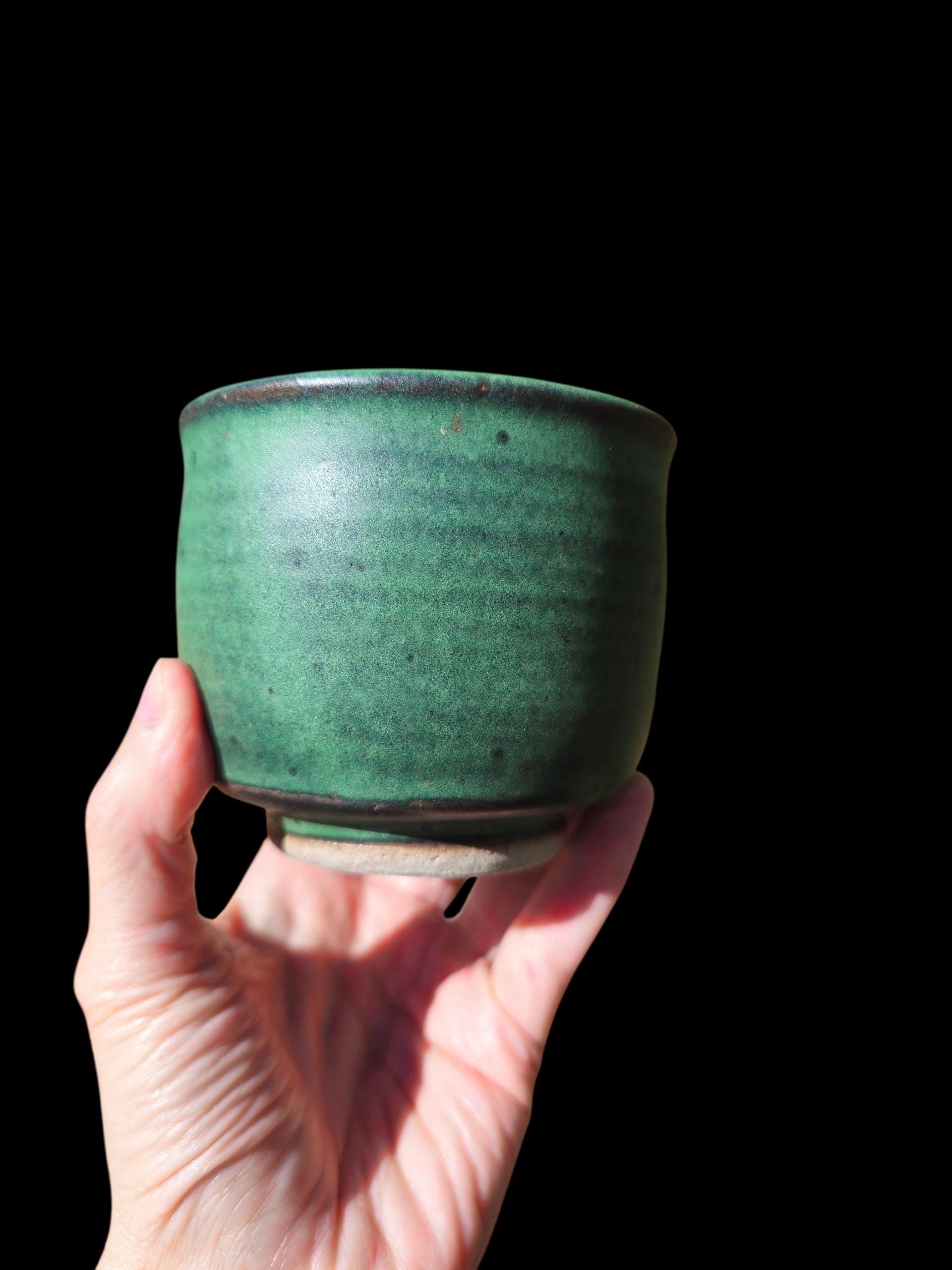 Reitz Green Gas Fired Glazed Ceramic Cup: Handmade Pottery, yunomi footed stoneware