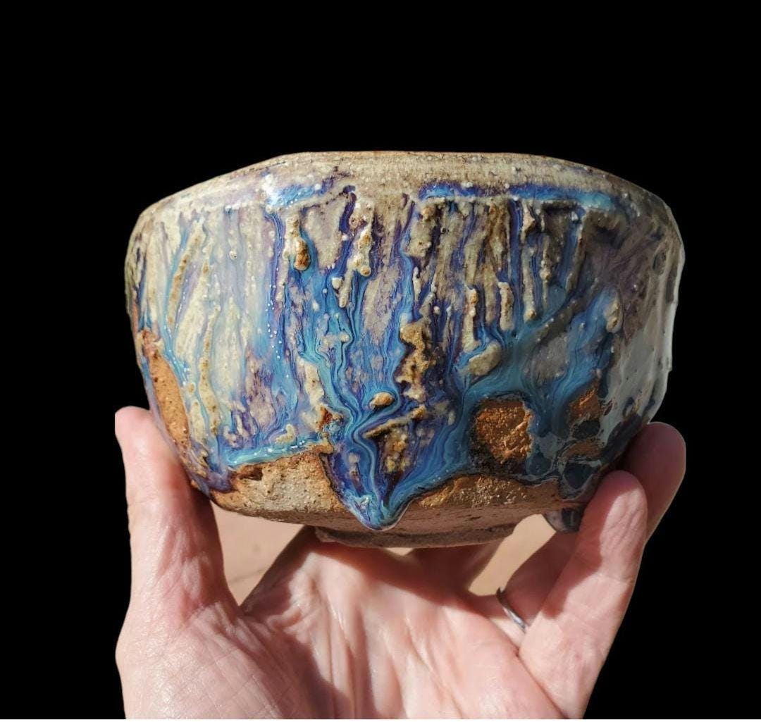Drippy Blue Purple Stoneware Chawan: Wheel Thrown matcha Teabowl Gas Fired
