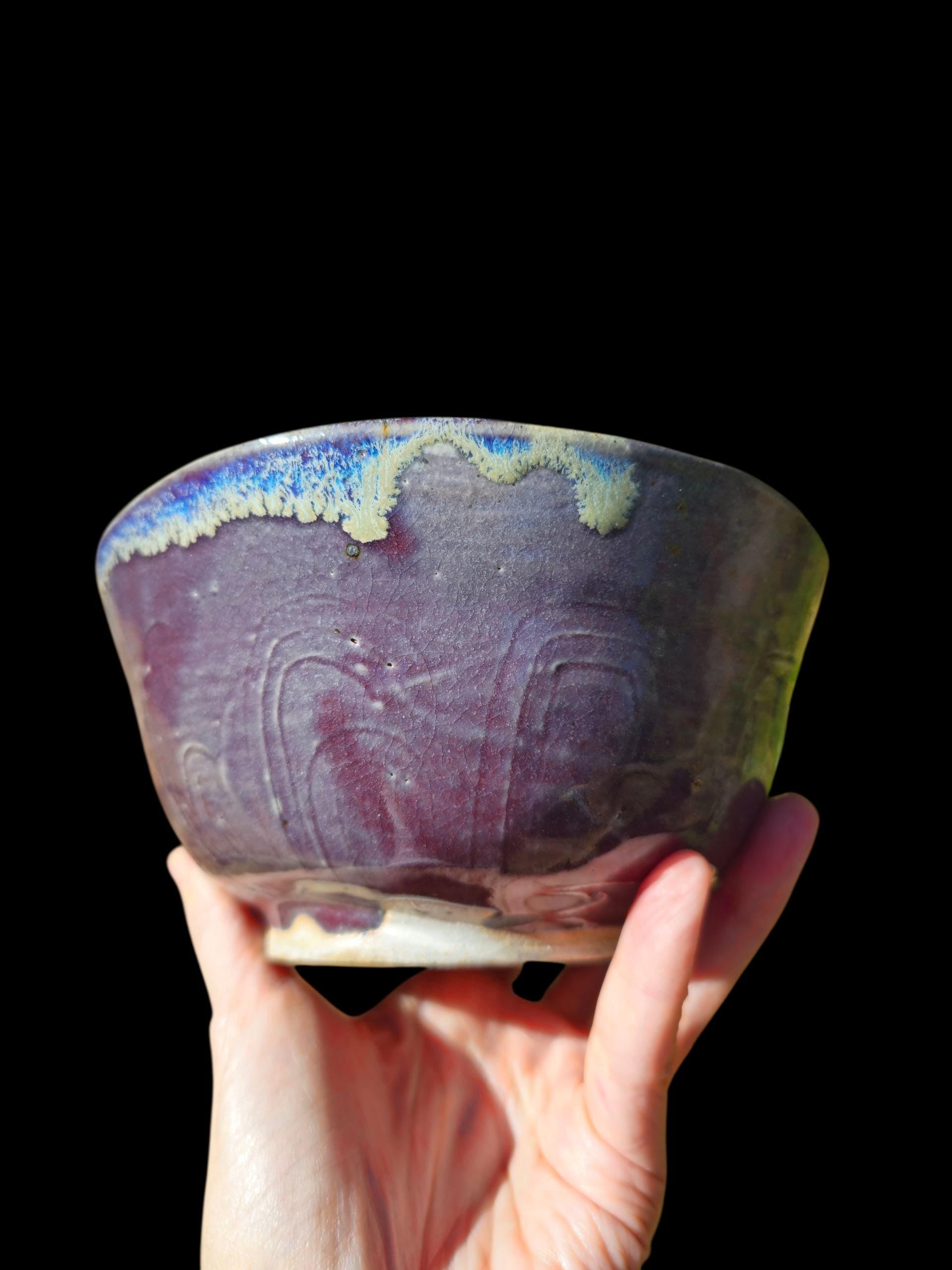 Handmade Carved Purple Wave Bowl: Porcelain Slip Glaze, Ceramic Serving Bowl, Art Pottery (6")