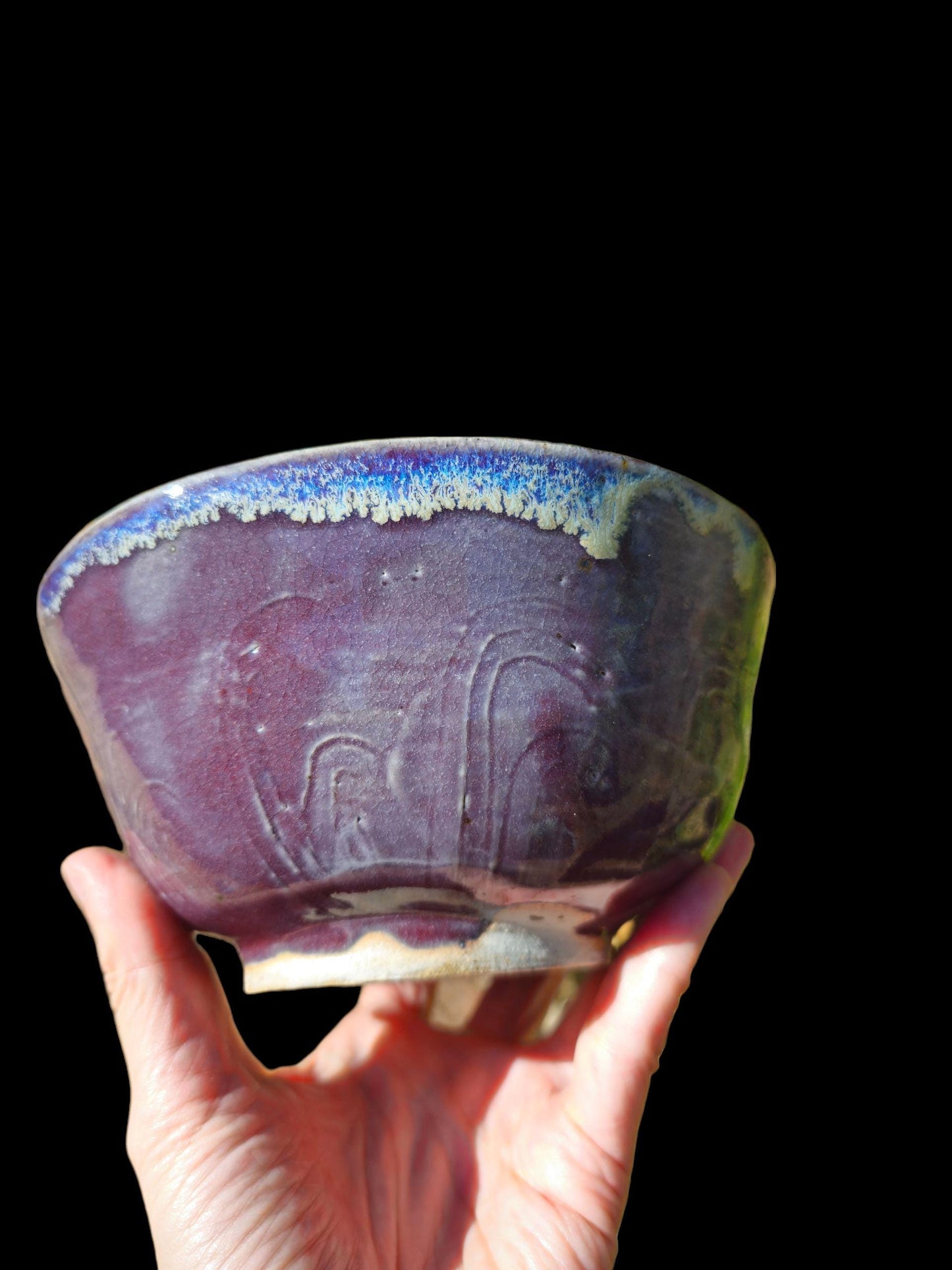Handmade Carved Purple Wave Bowl: Porcelain Slip Glaze, Ceramic Serving Bowl, Art Pottery (6")