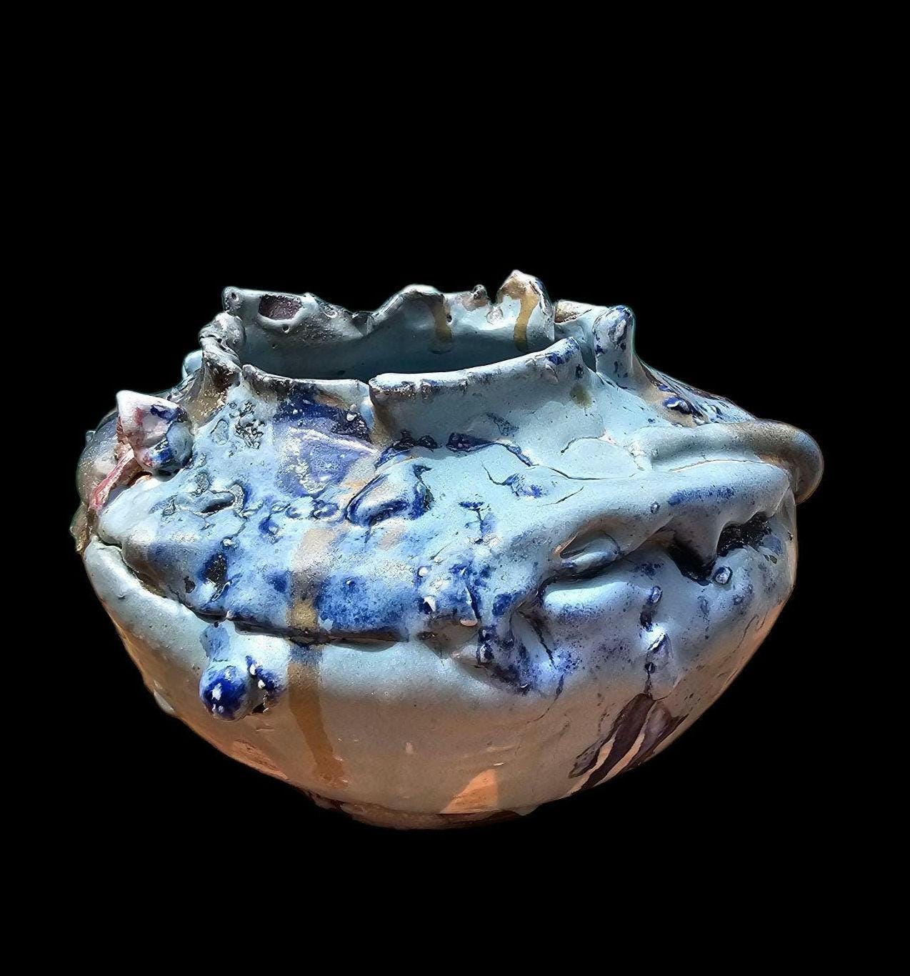 Textured Soda Fired Pottery Sculpture: Blue White Ceramic Vase, Signed