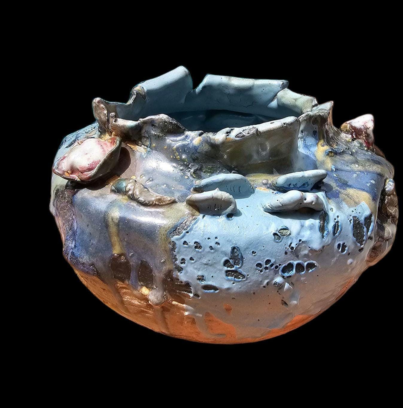Textured Soda Fired Pottery Sculpture: Blue White Ceramic Vase, Signed
