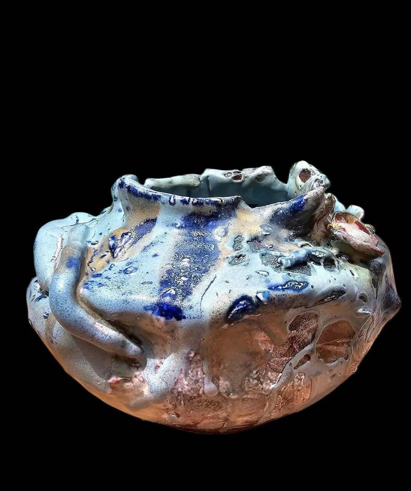 Textured Soda Fired Pottery Sculpture: Blue White Ceramic Vase, Signed