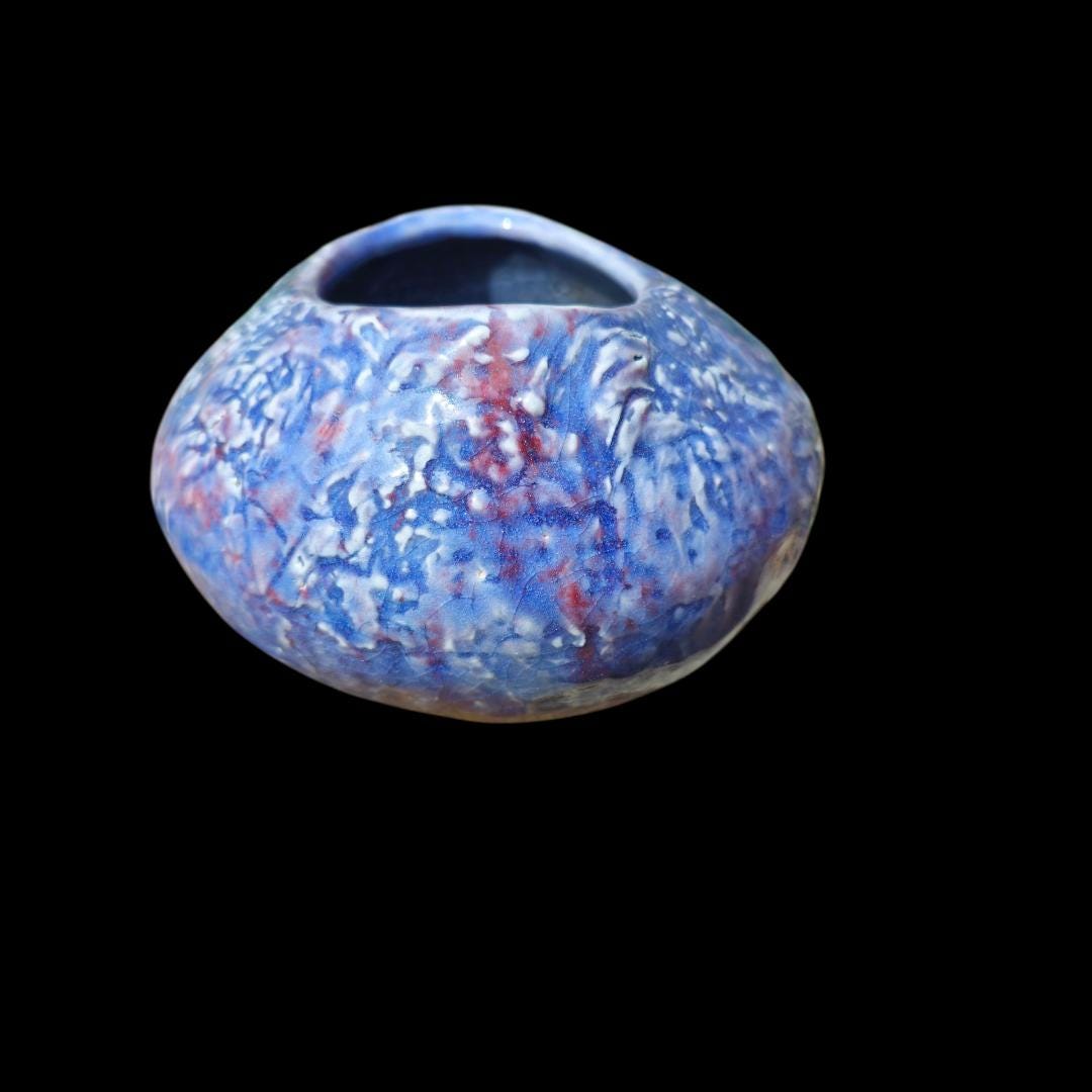 Handmade Ceramic rounded Sculptural bowl vessel: Blue Pottery Art, Pacific Edge Collection