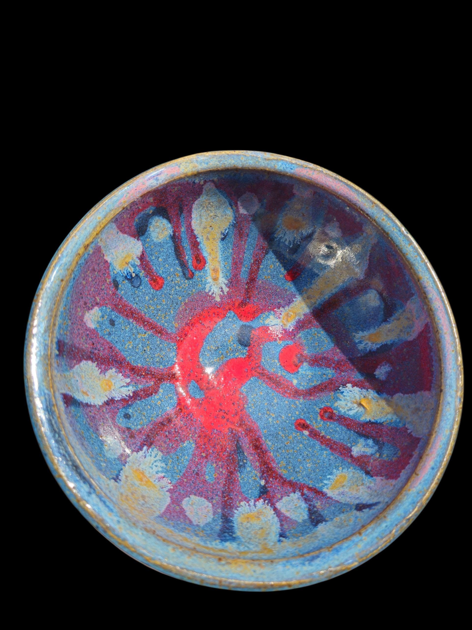 Handmade Blue Wave Ceramic Bowl: Carved Stoneware, Multicolor Glaze Interior, Art Pottery Gift