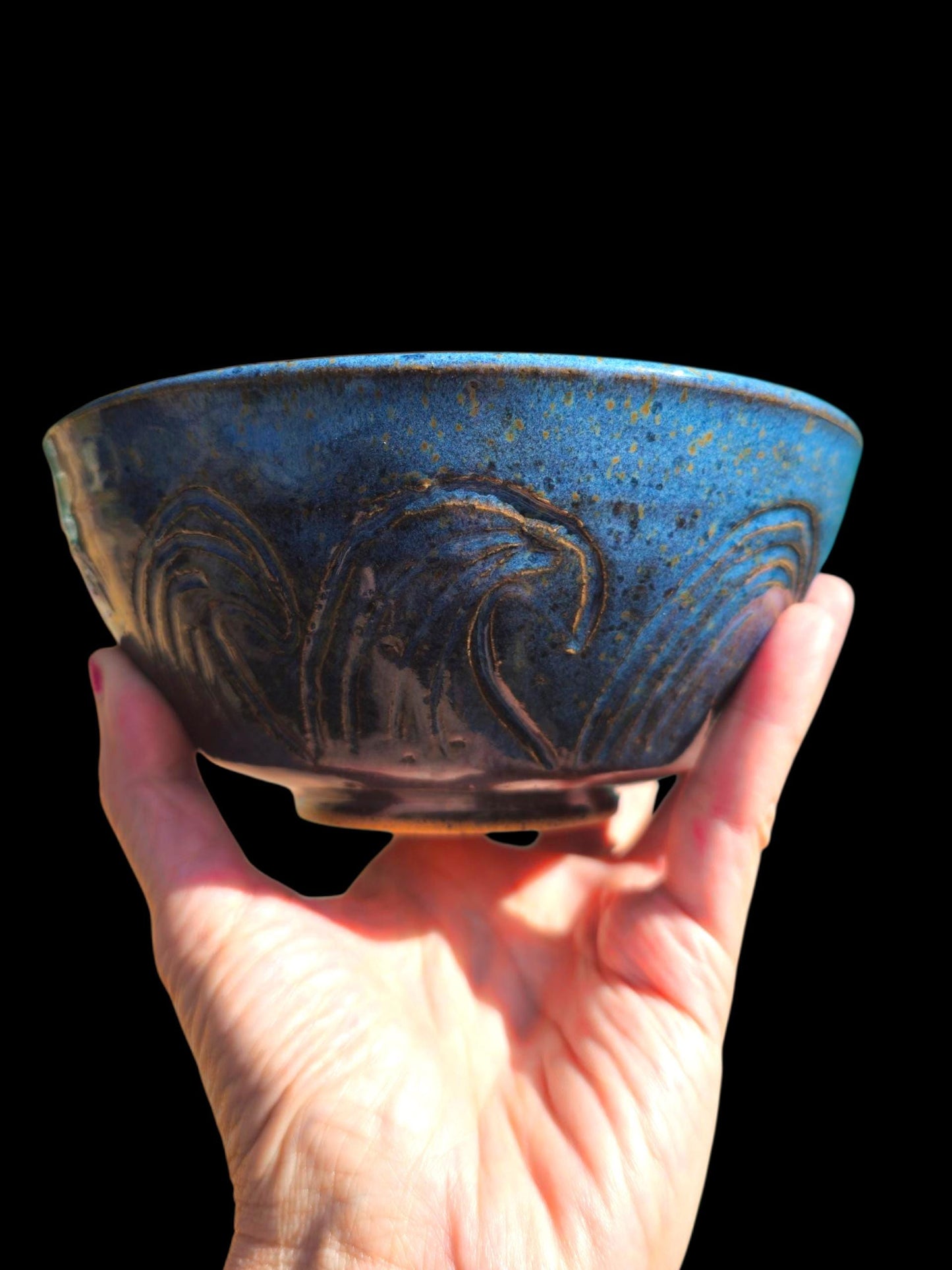 Handmade Blue Wave Ceramic Bowl: Carved Stoneware, Multicolor Glaze Interior, Art Pottery Gift