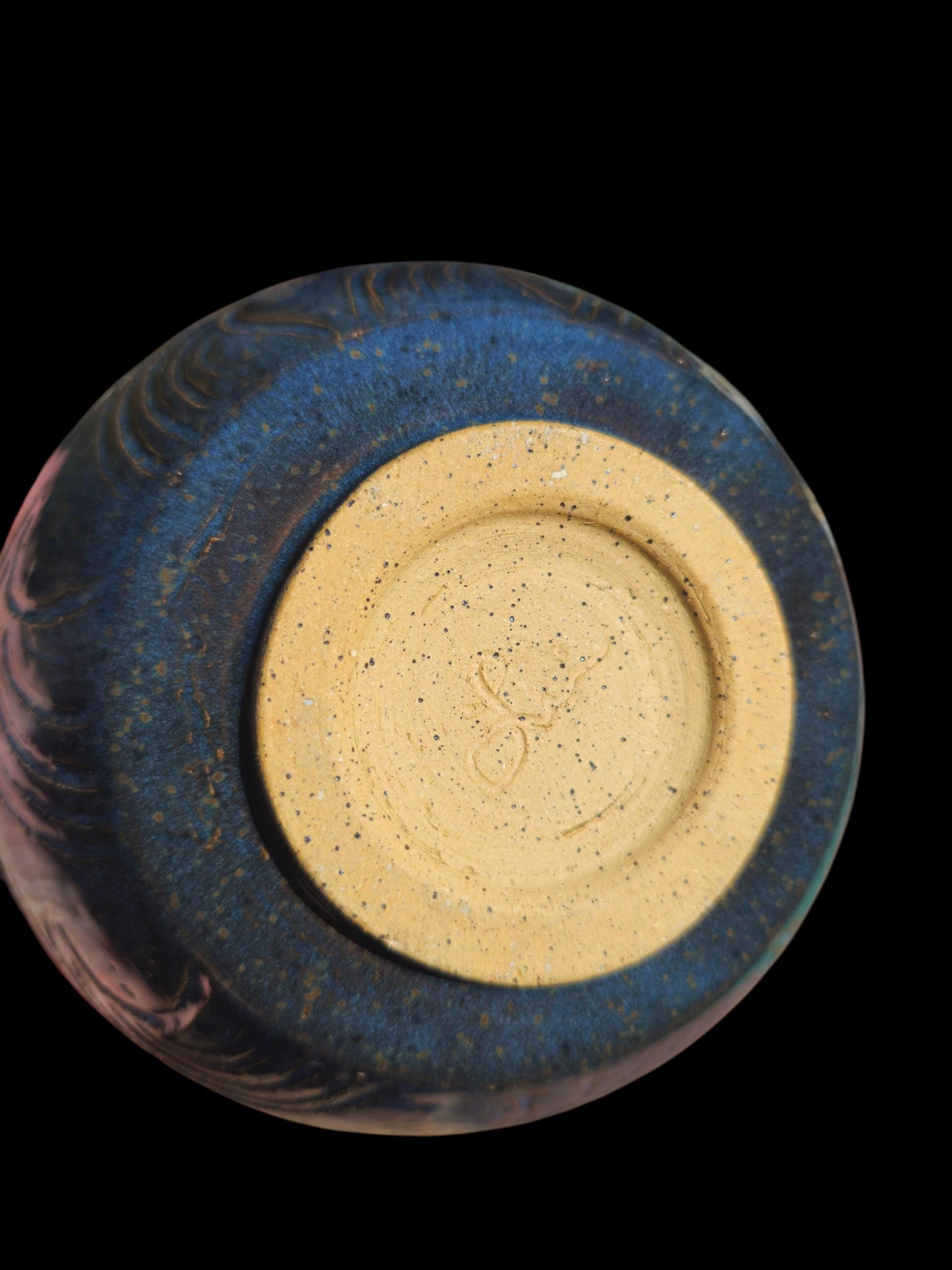 Handmade Blue Wave Ceramic Bowl: Carved Stoneware, Multicolor Glaze Interior, Art Pottery Gift