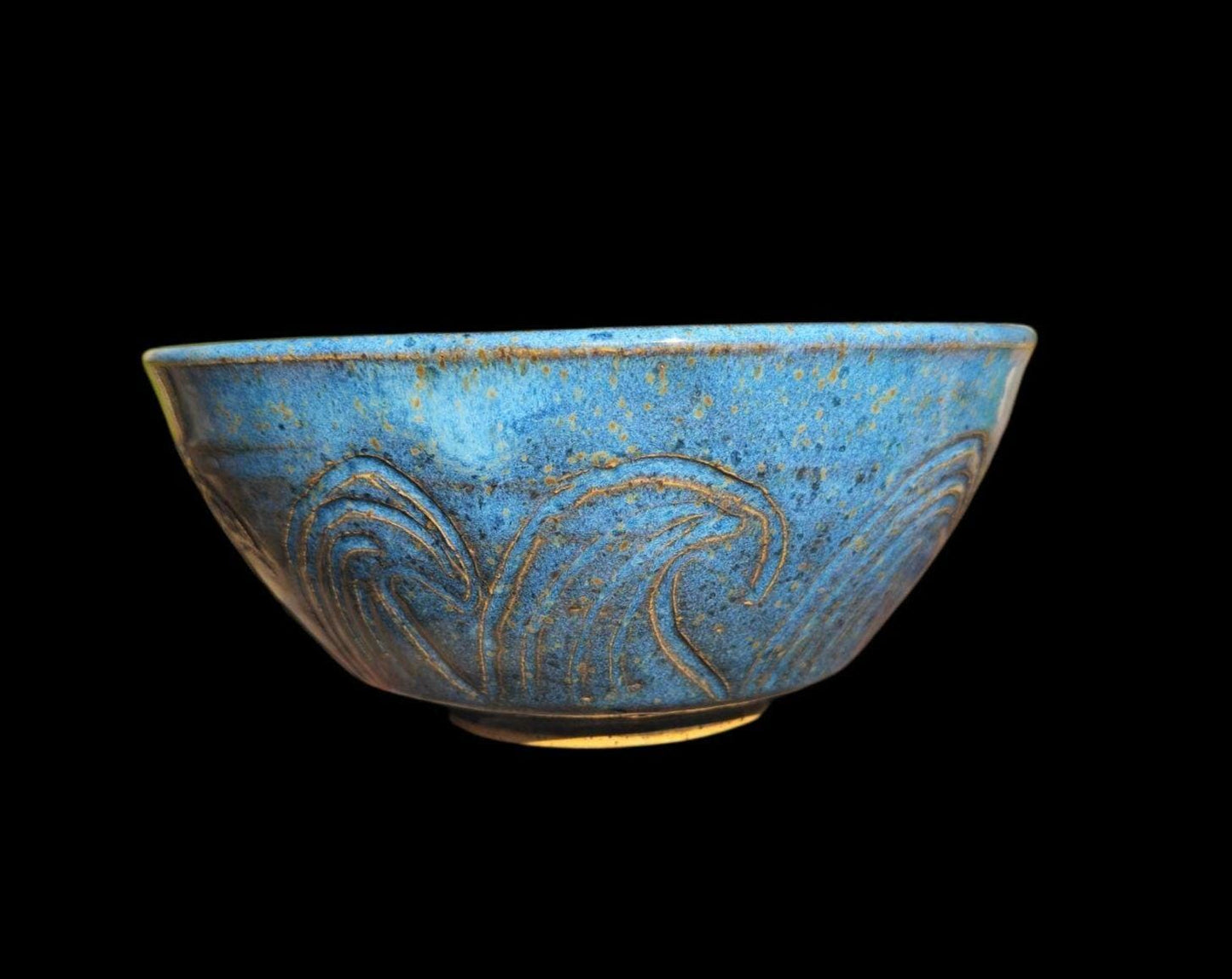 Handmade Blue Wave Ceramic Bowl: Carved Stoneware, Multicolor Glaze Interior, Art Pottery Gift