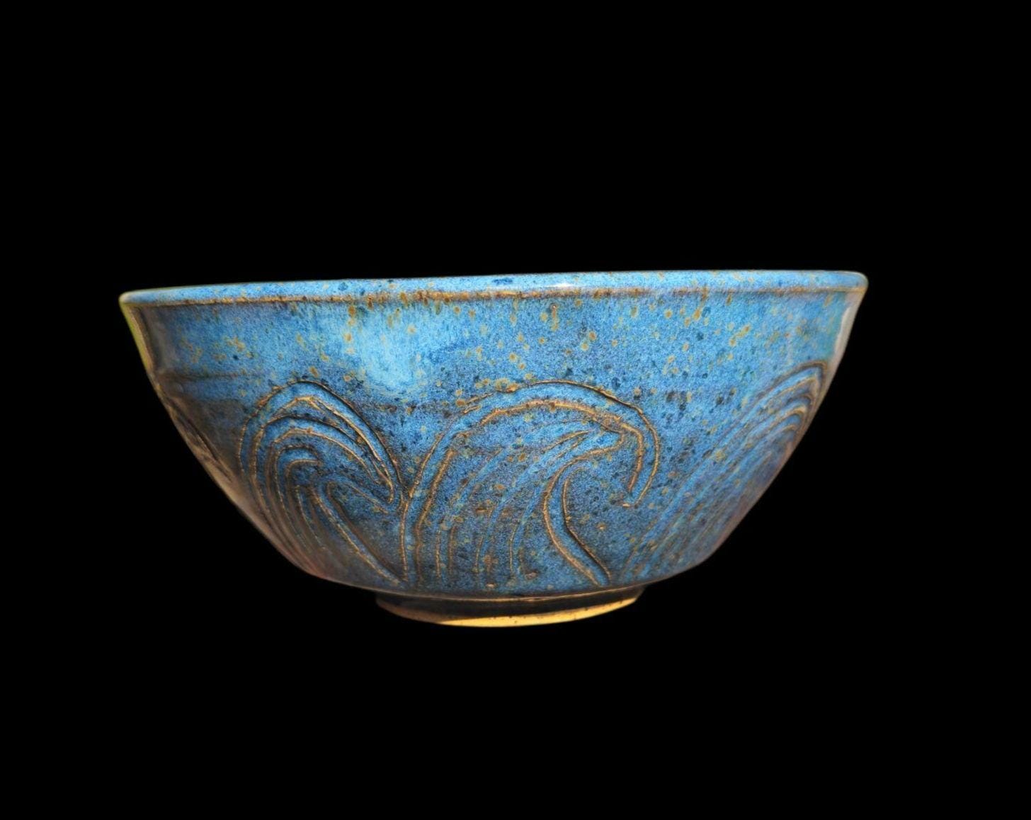 Handmade Blue Wave Ceramic Bowl: Carved Stoneware, Multicolor Glaze Interior, Art Pottery Gift