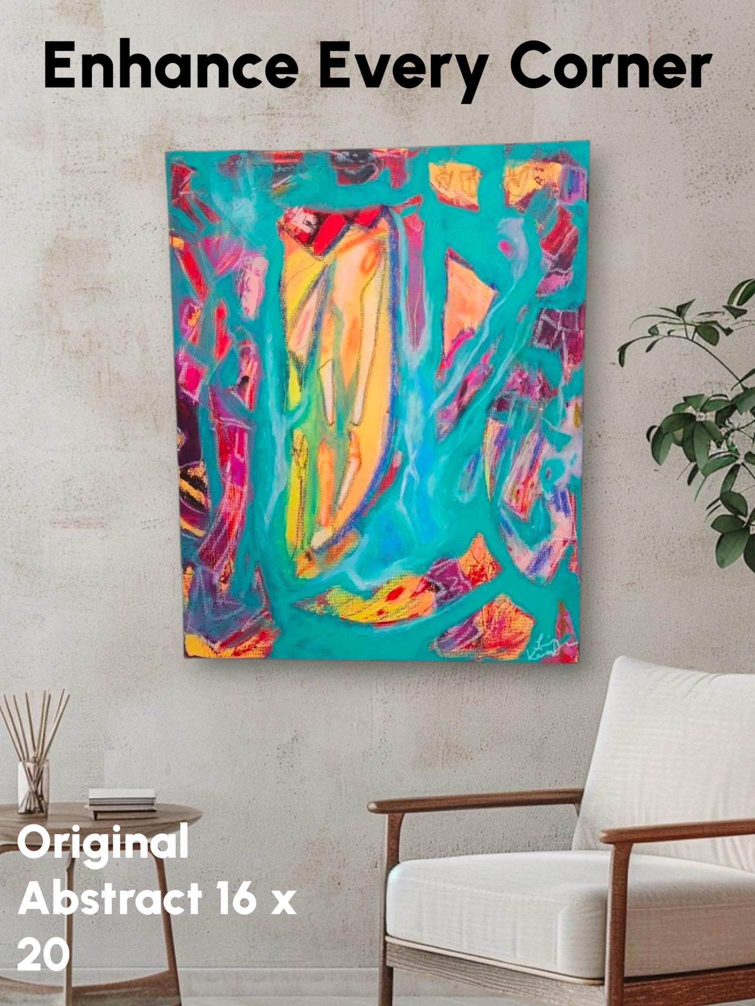 Original Abstract Painting: Teal Aqua Orange Canvas Art by Lin Kensington