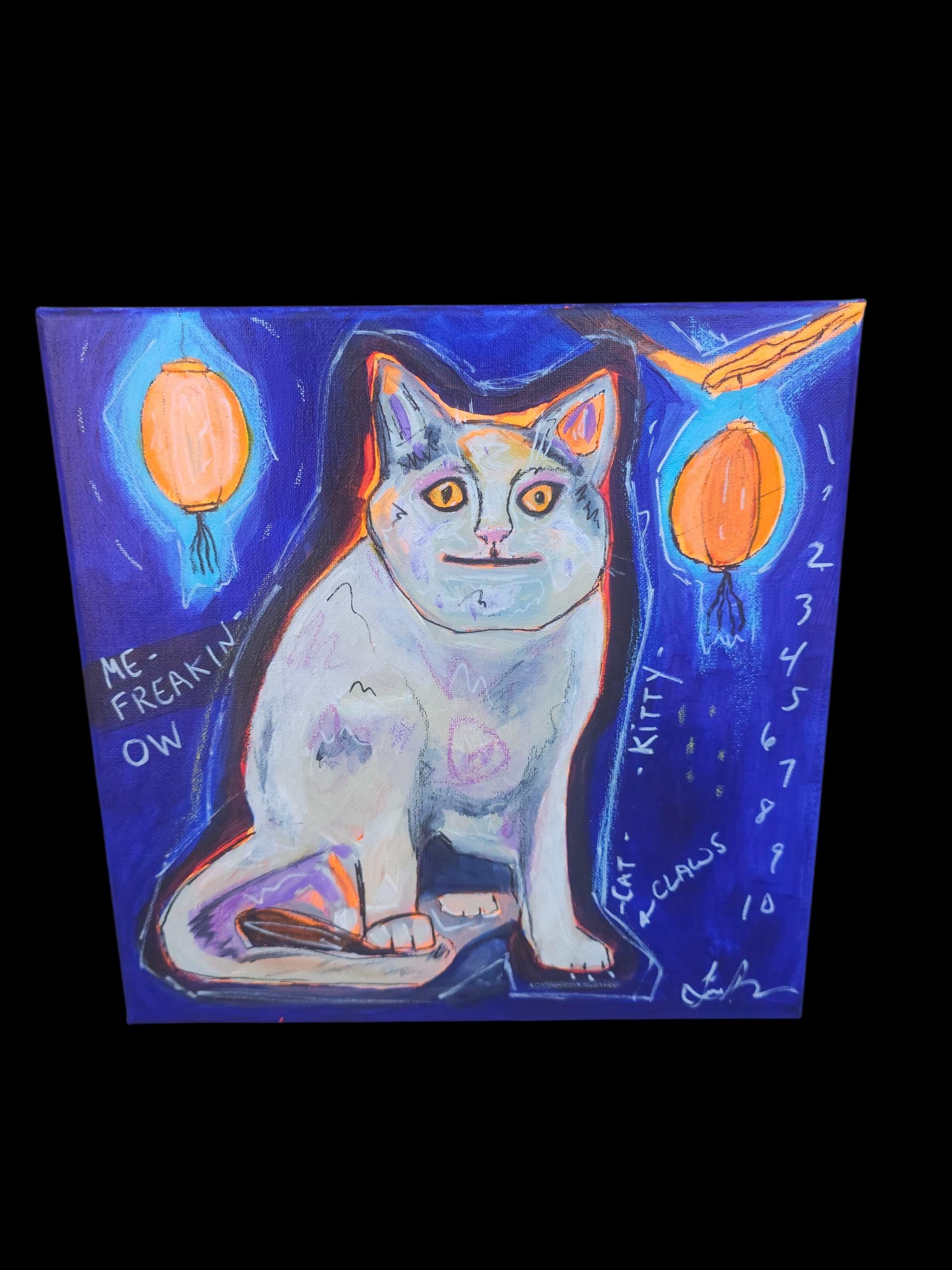 Meme Cat Painting: Whimsical Acrylic Art with Lanterns (12x12)