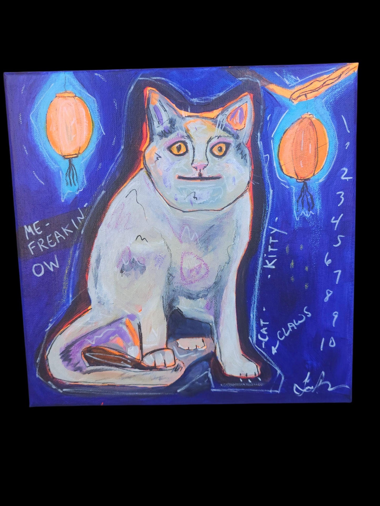 Meme Cat Painting: Whimsical Acrylic Art with Lanterns (12x12)