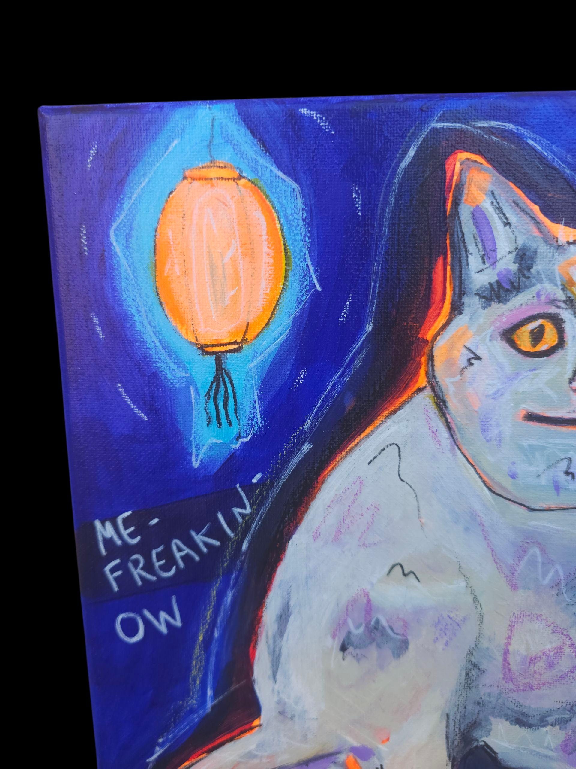 Meme Cat Painting: Whimsical Acrylic Art with Lanterns (12x12)