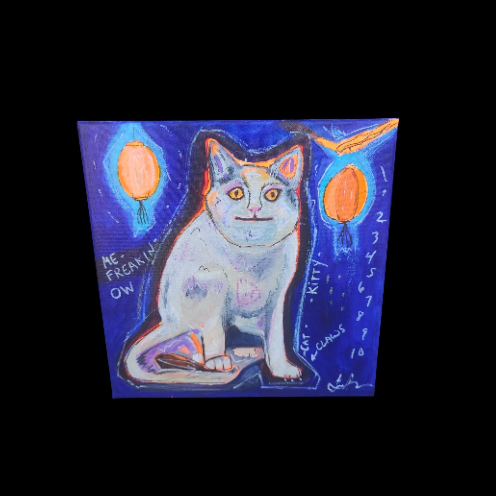 Meme Cat Painting: Whimsical Acrylic Art with Lanterns (12x12)