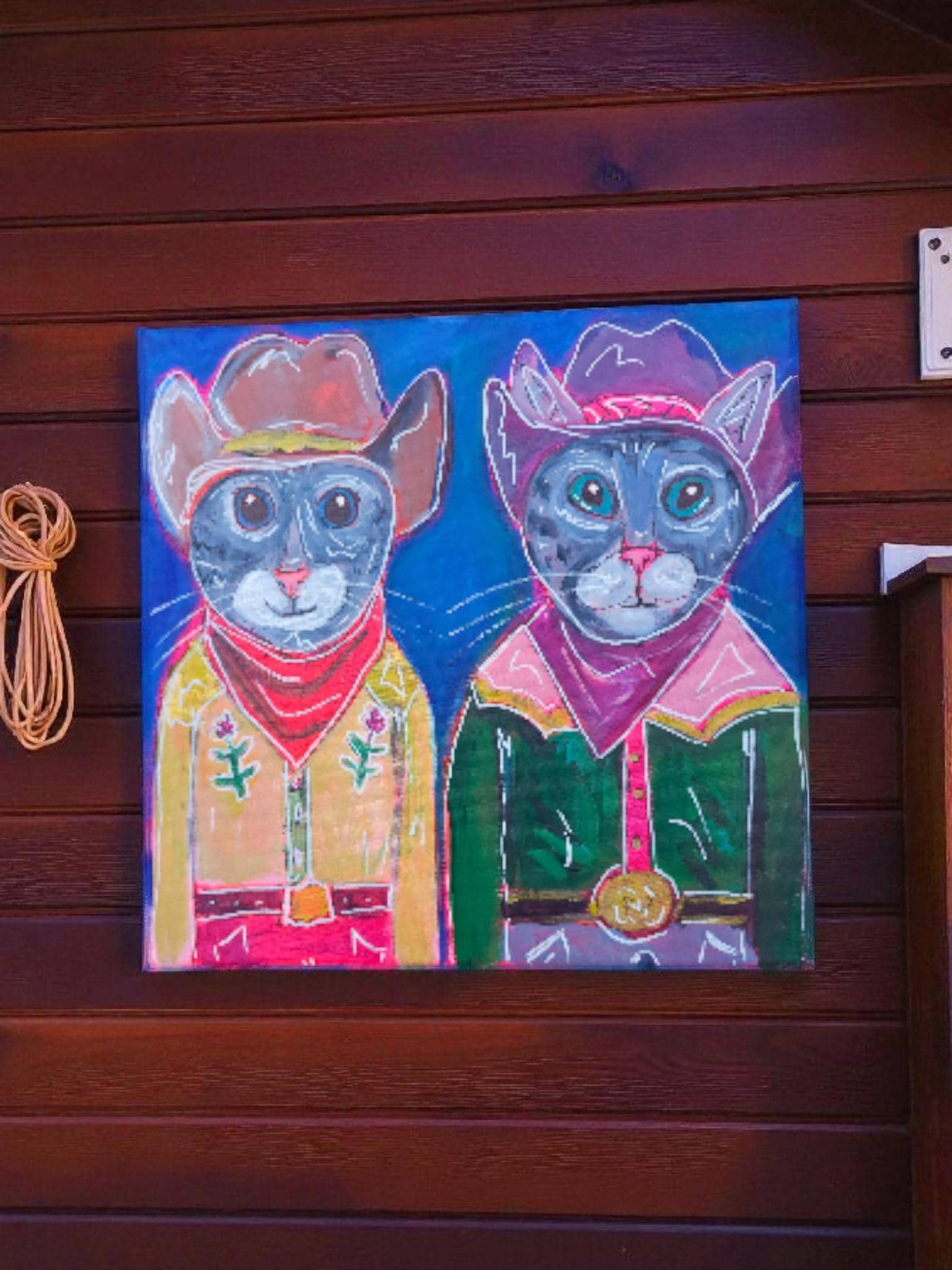 Cowboy Cat Painting: Whimsical Acrylic Art, 12x12 Original Canvas Meowdy couple bold colors
