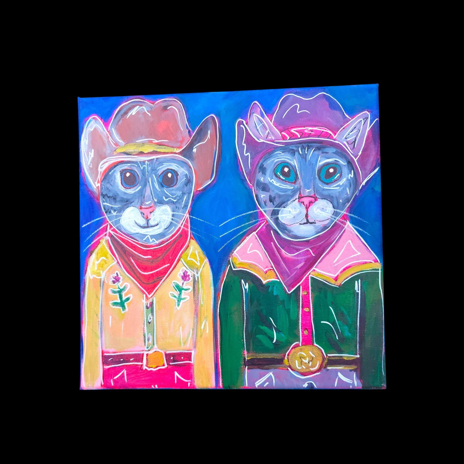 Cowboy Cat Painting: Whimsical Acrylic Art, 12x12 Original Canvas Meowdy couple bold colors